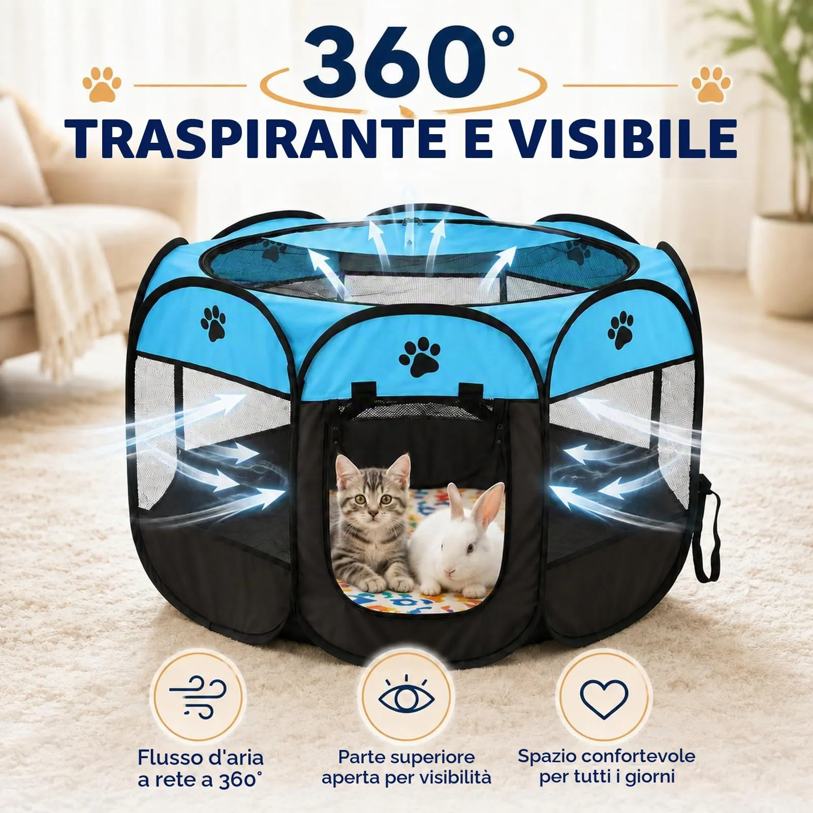 Qnbonrich Recinto pieghevole per cuccioli, 74 x 74 x 43 cm, Azzurro - immagine 6