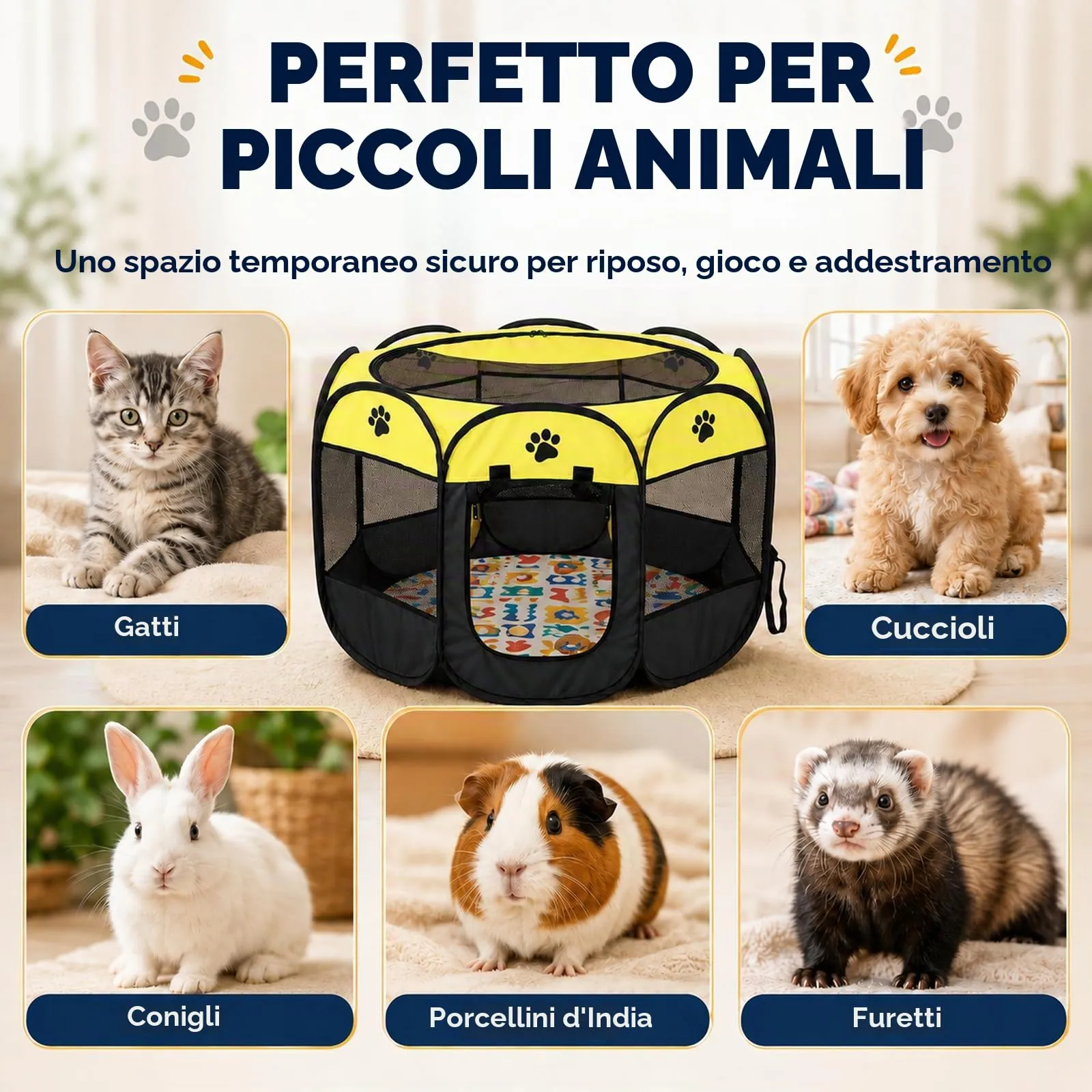 Qnbonrich Recinto Pieghevole per Cuccioli, 74 x 74 x 43 cm, Giallo - immagine 5
