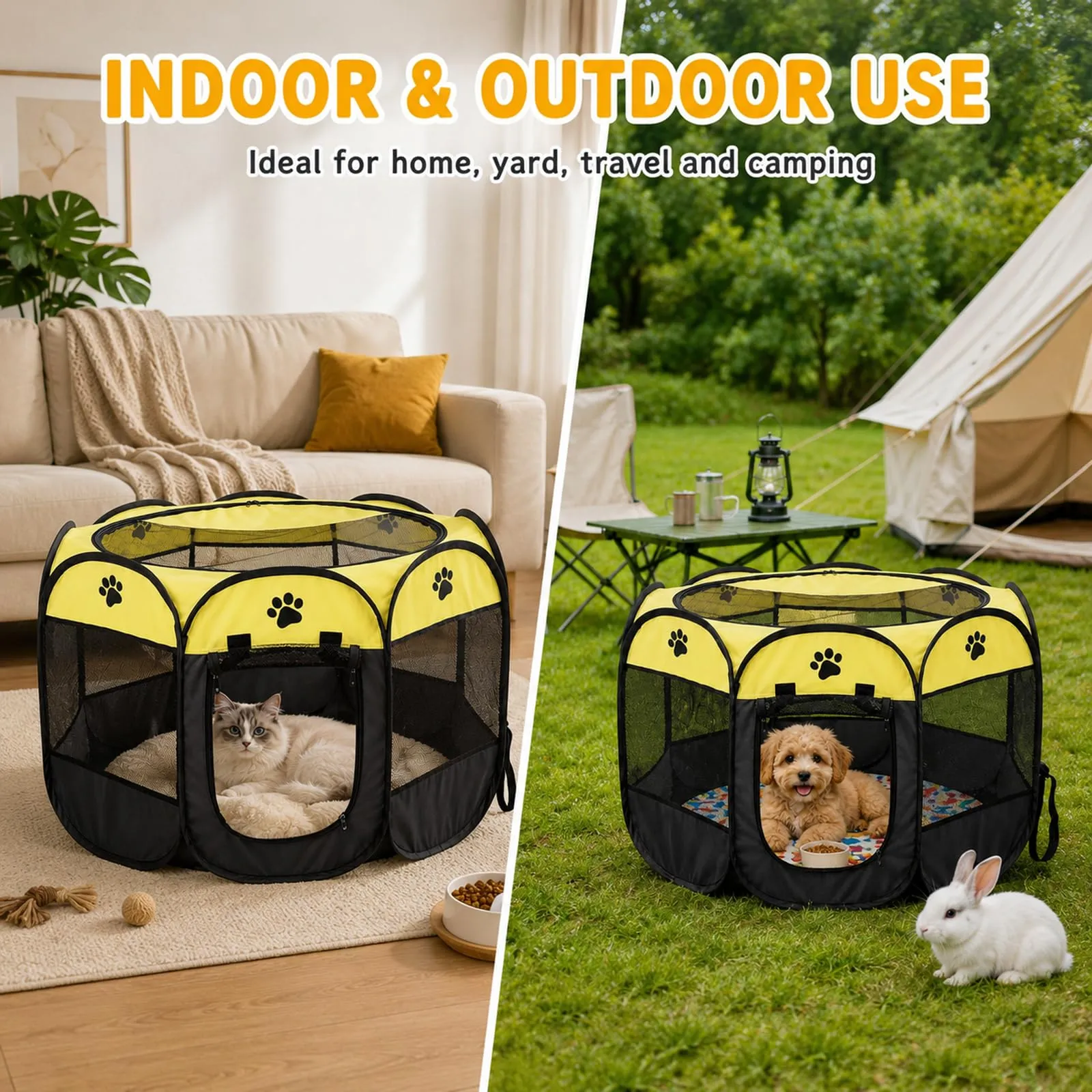 Qnbonrich Recinto Pieghevole per Cuccioli, 74 x 74 x 43 cm, Giallo - immagine 7