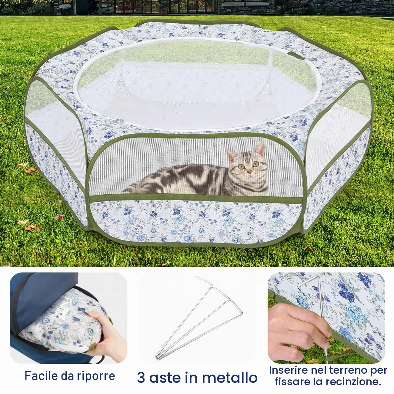 Pawaboo Recinto per piccoli animali con zip, Blu Fiori Bianchi - immagine 5
