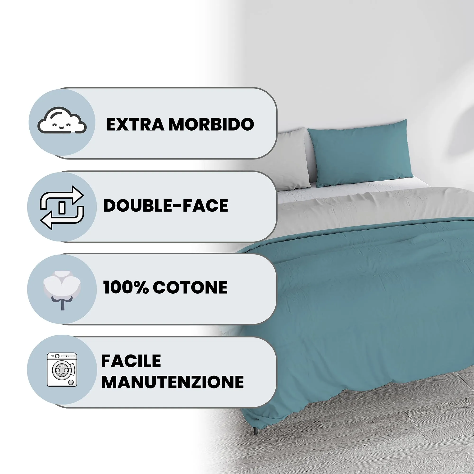 Italian Bed Linen Set Copripiumino 100% Cotone, Matrimoniale, 250x200 cm, Ottanio/Grigio Chiaro - immagine 2