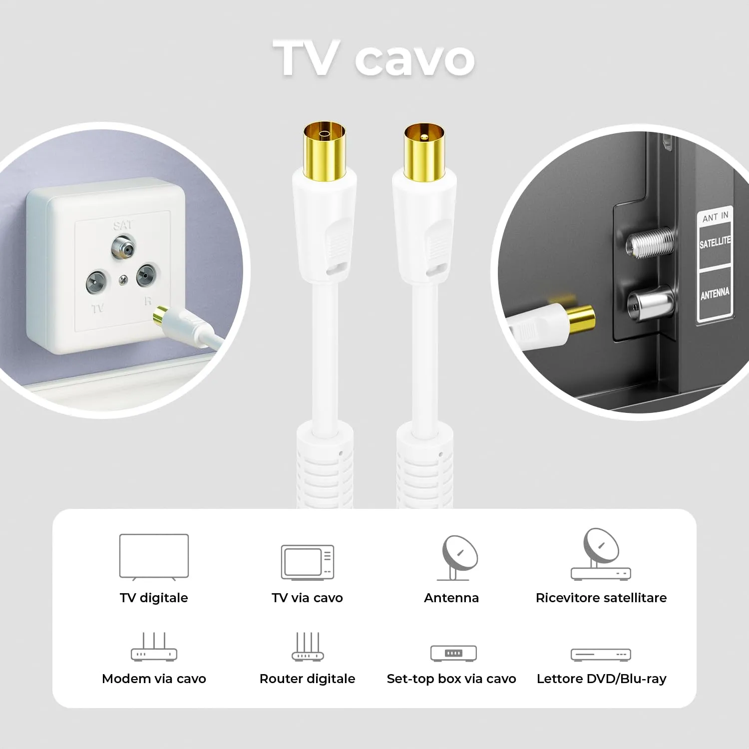 deleyCON Cavo Antenna TV Coassiale HDTV 2m Bianco con Filtro Ferrite Antidisturbo DVB-T DVB-T2 Radio DAB - immagine 6