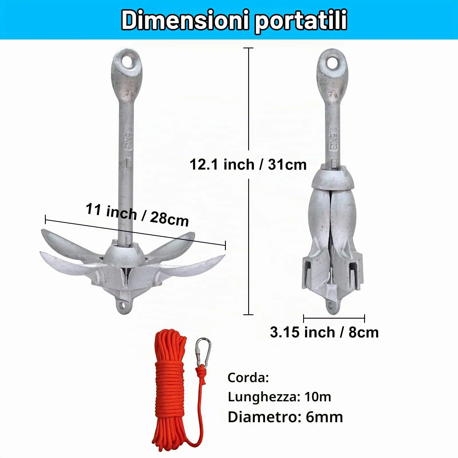 BeGrit Ancora Pieghevole per SUP, Kayak, Canoe e Gommoni, 1,5kg, Acciaio al Carbonio con Cima da 10m, Boa e Borsa di Stoccaggio - immagine 2