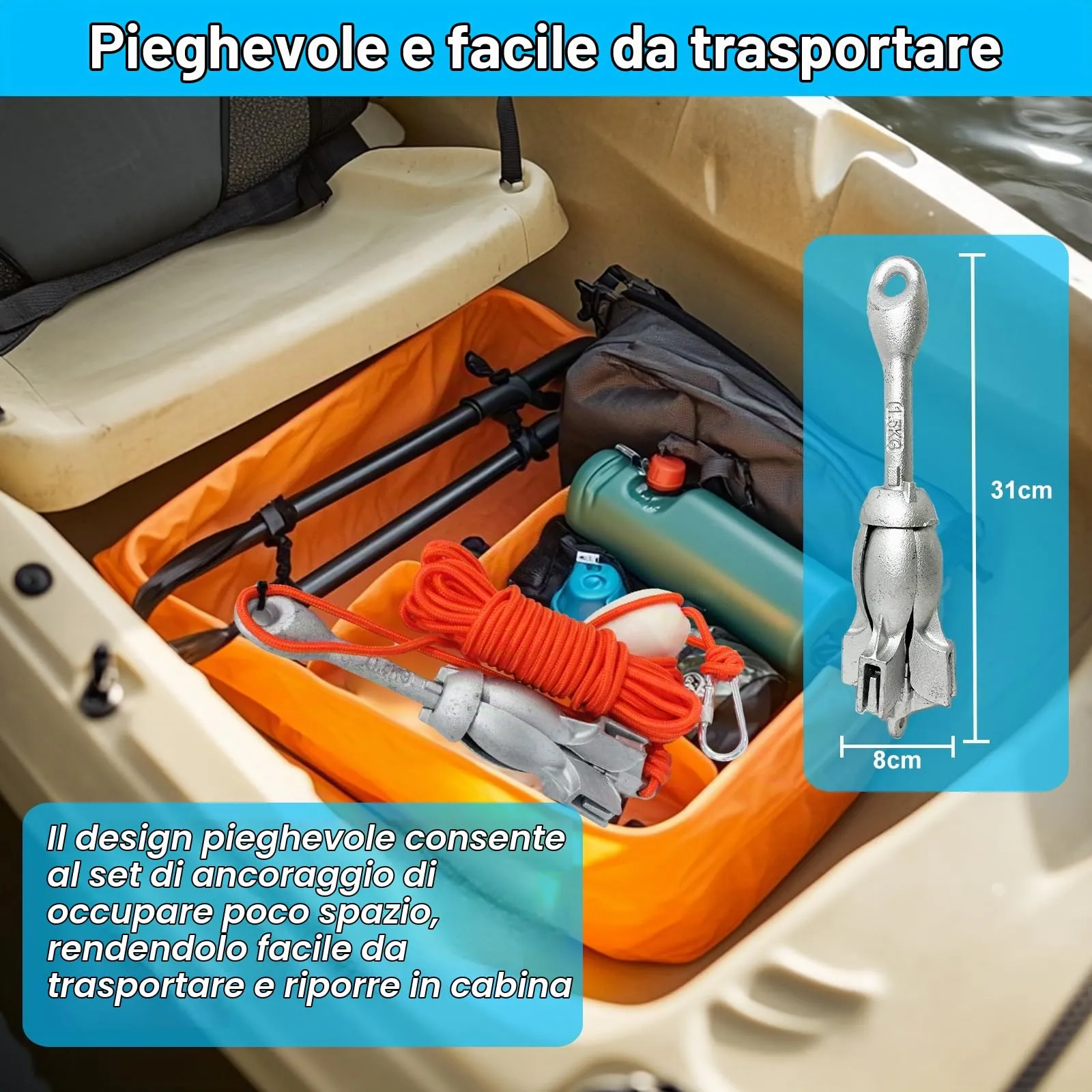 BeGrit Ancora Pieghevole per SUP, Kayak, Canoe e Gommoni, 1,5kg, Acciaio al Carbonio con Cima da 10m, Boa e Borsa di Stoccaggio - immagine 4