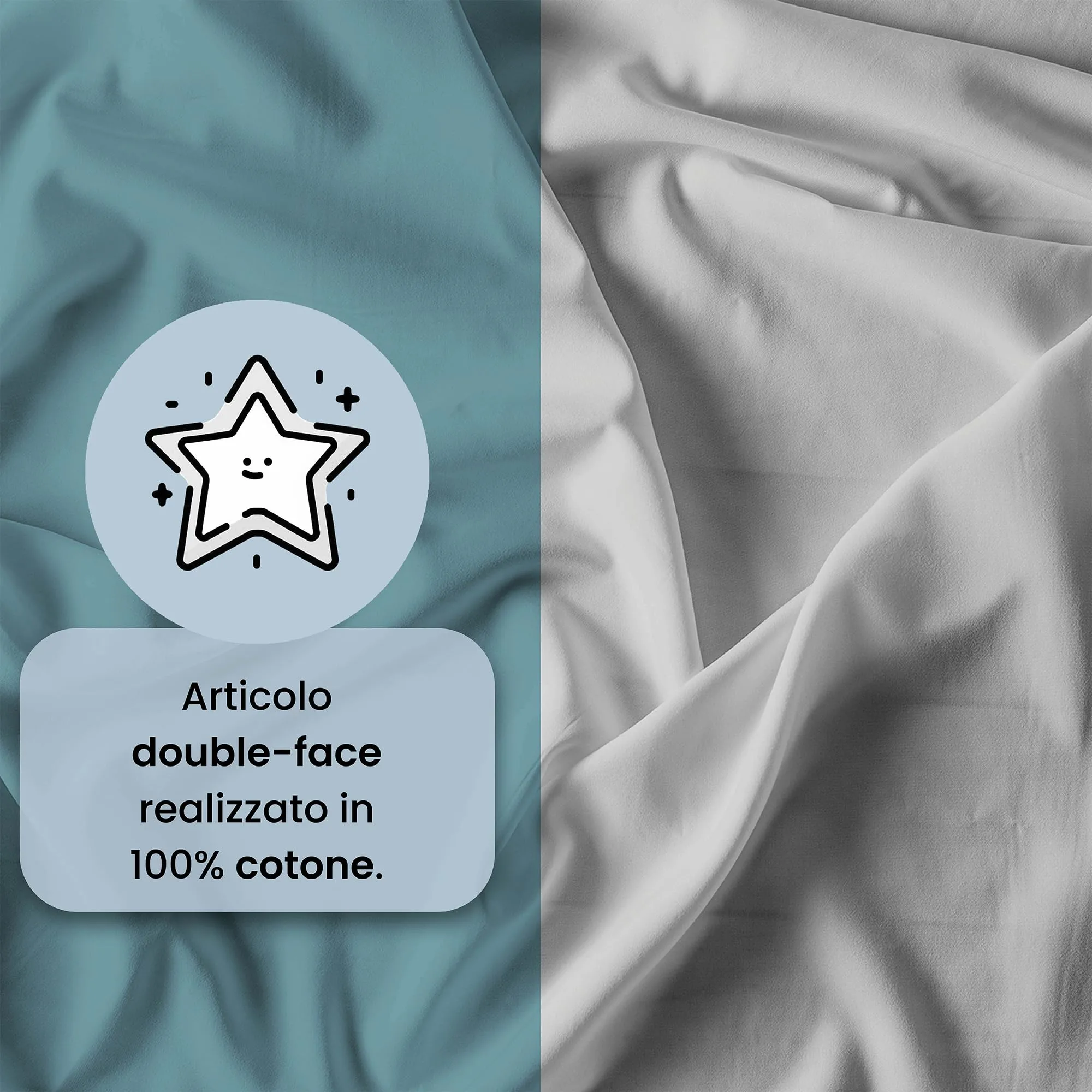 Italian Bed Linen Set Copripiumino 100% Cotone, 200x200 cm, Piazza e Mezza, Ottanio/Grigio Chiaro - immagine 3