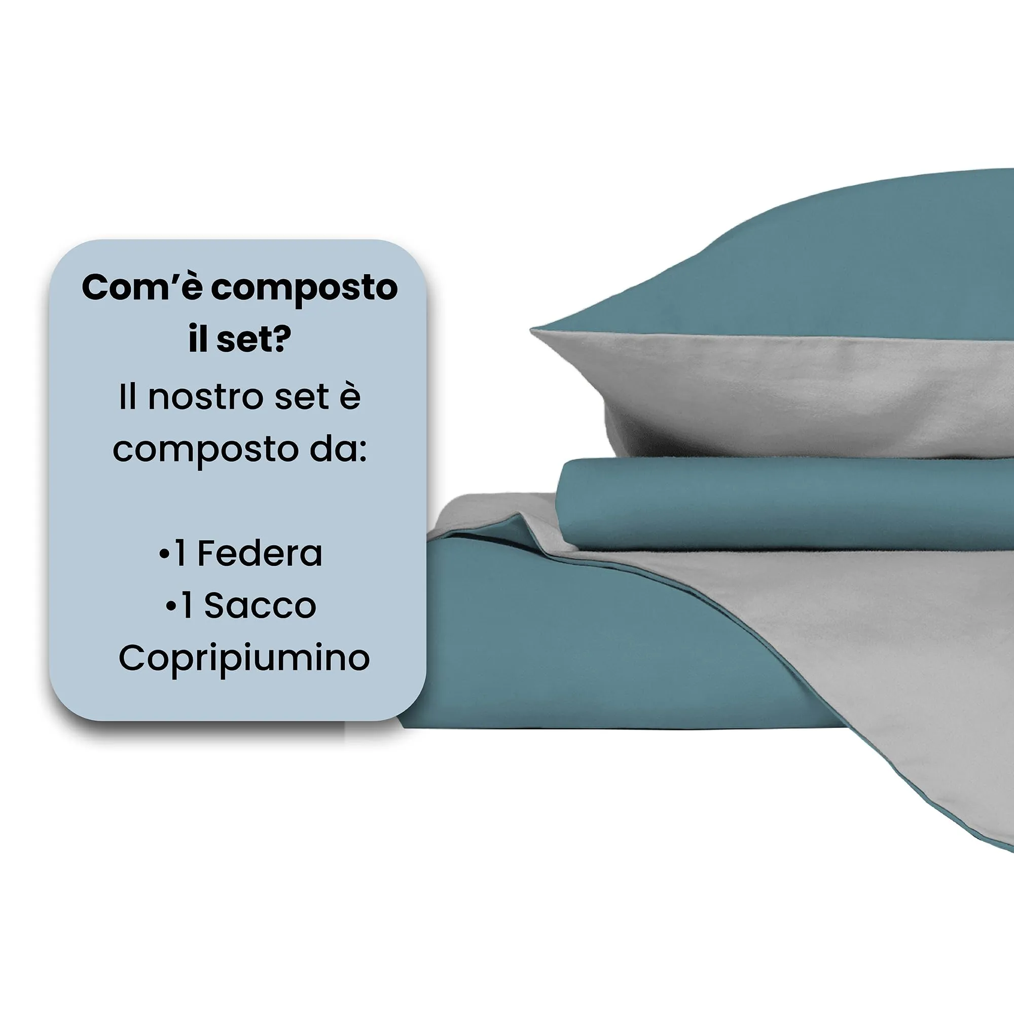 Italian Bed Linen Set Copripiumino 100% Cotone, 200x200 cm, Piazza e Mezza, Ottanio/Grigio Chiaro - immagine 4