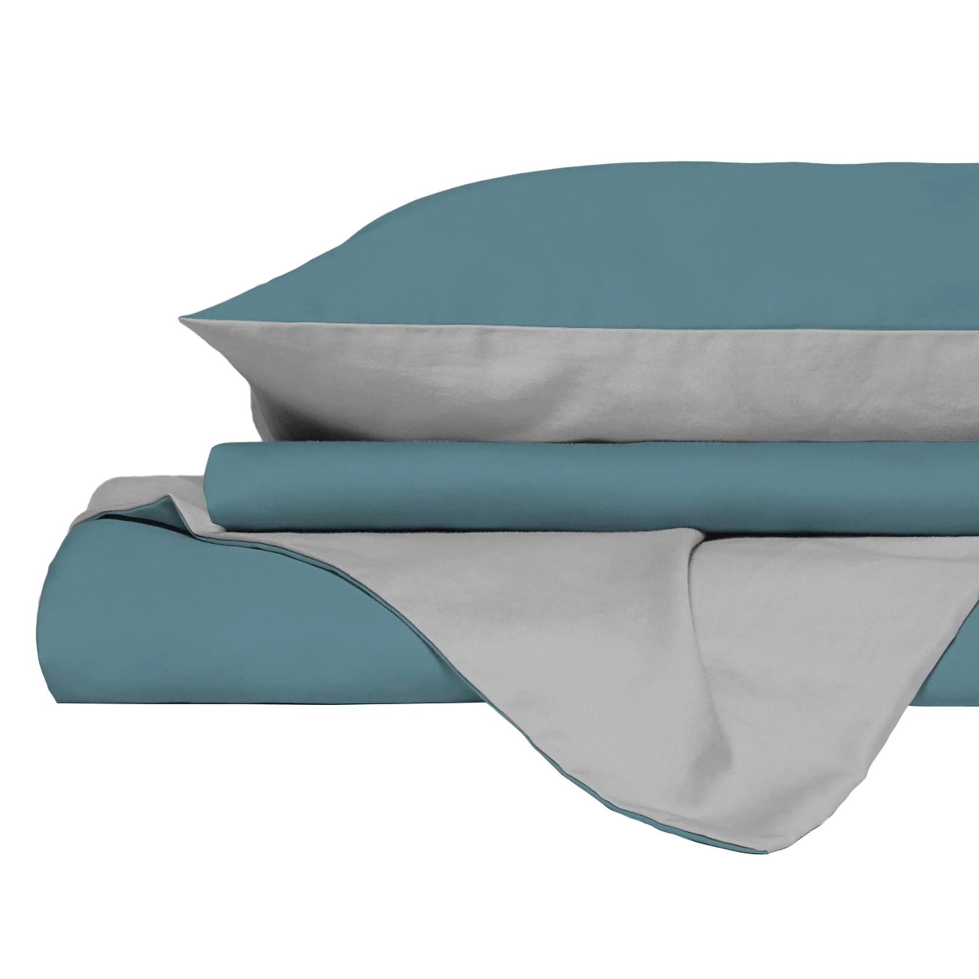 Italian Bed Linen Set Copripiumino 100% Cotone, 200x200 cm, Piazza e Mezza, Ottanio/Grigio Chiaro - immagine 9