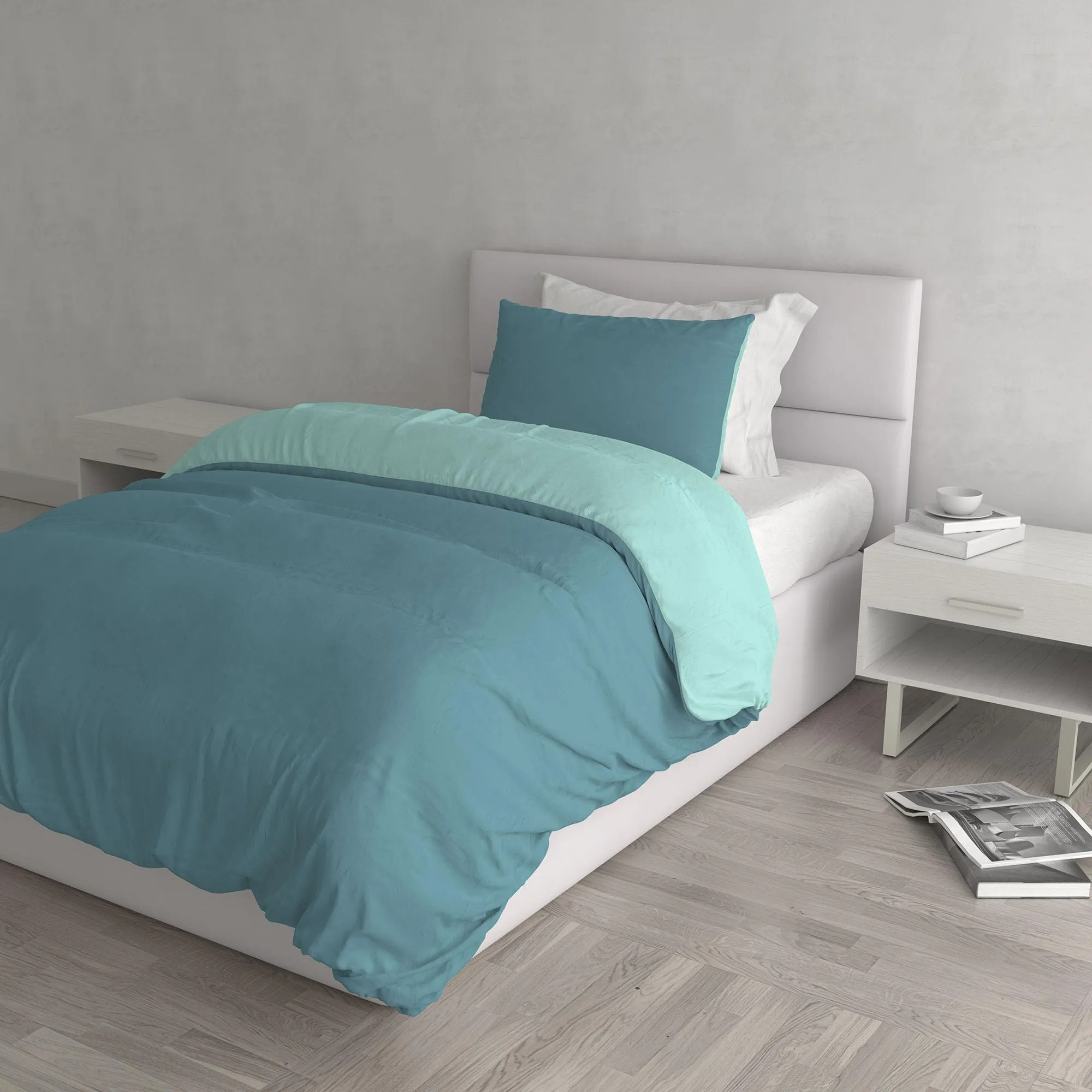 Italian Bed Linen Set Copripiumino 100% Cotone, 200x200 cm, Piazza e Mezza, Ottanio/Acqua - immagine 1