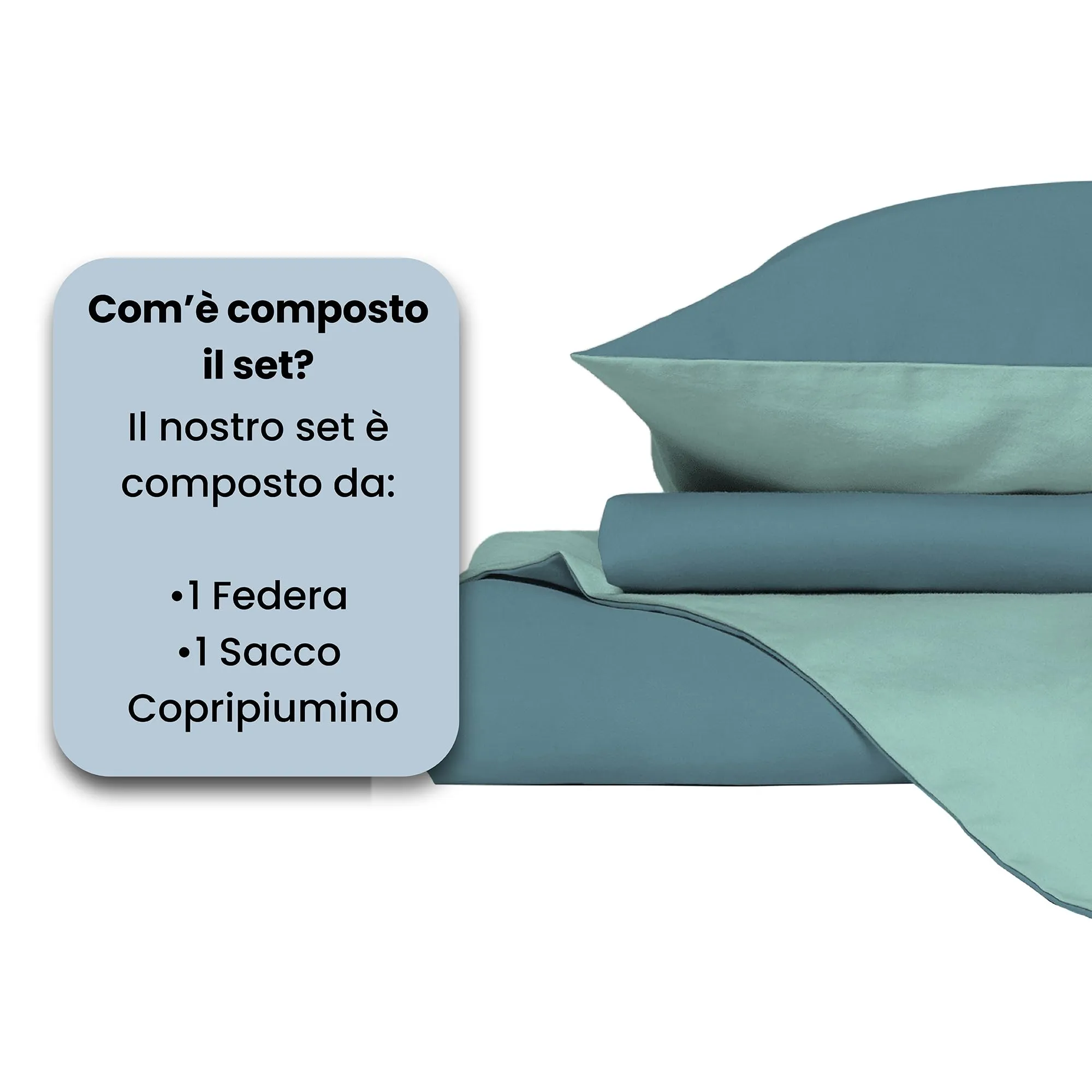 Italian Bed Linen Set Copripiumino 100% Cotone, 200x200 cm, Piazza e Mezza, Ottanio/Acqua - immagine 4