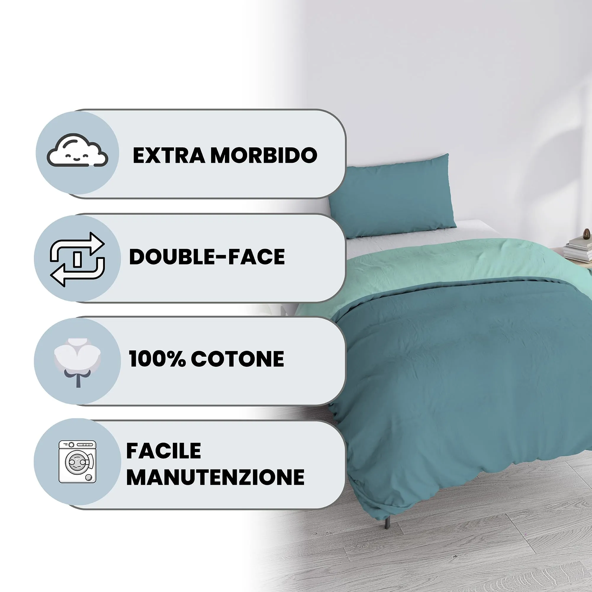 Italian Bed Linen Set Copripiumino 100% Cotone, Singolo, 150x200 cm, Ottanio/Acqua - immagine 2
