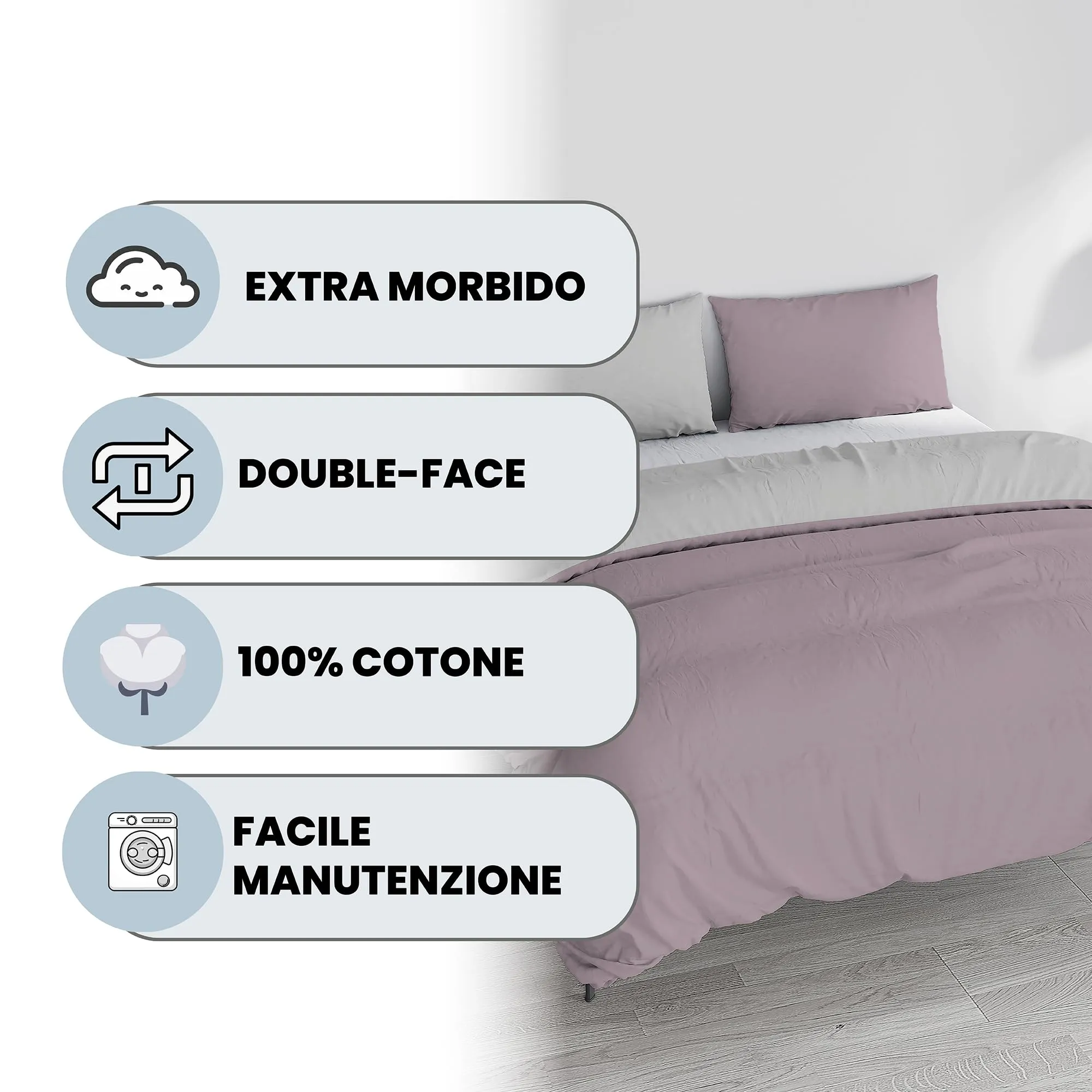 Italian Bed Linen Set Copripiumino 100% Cotone, Matrimoniale, 250x200 cm, Rosa Antico/Grigio Chiaro - immagine 2