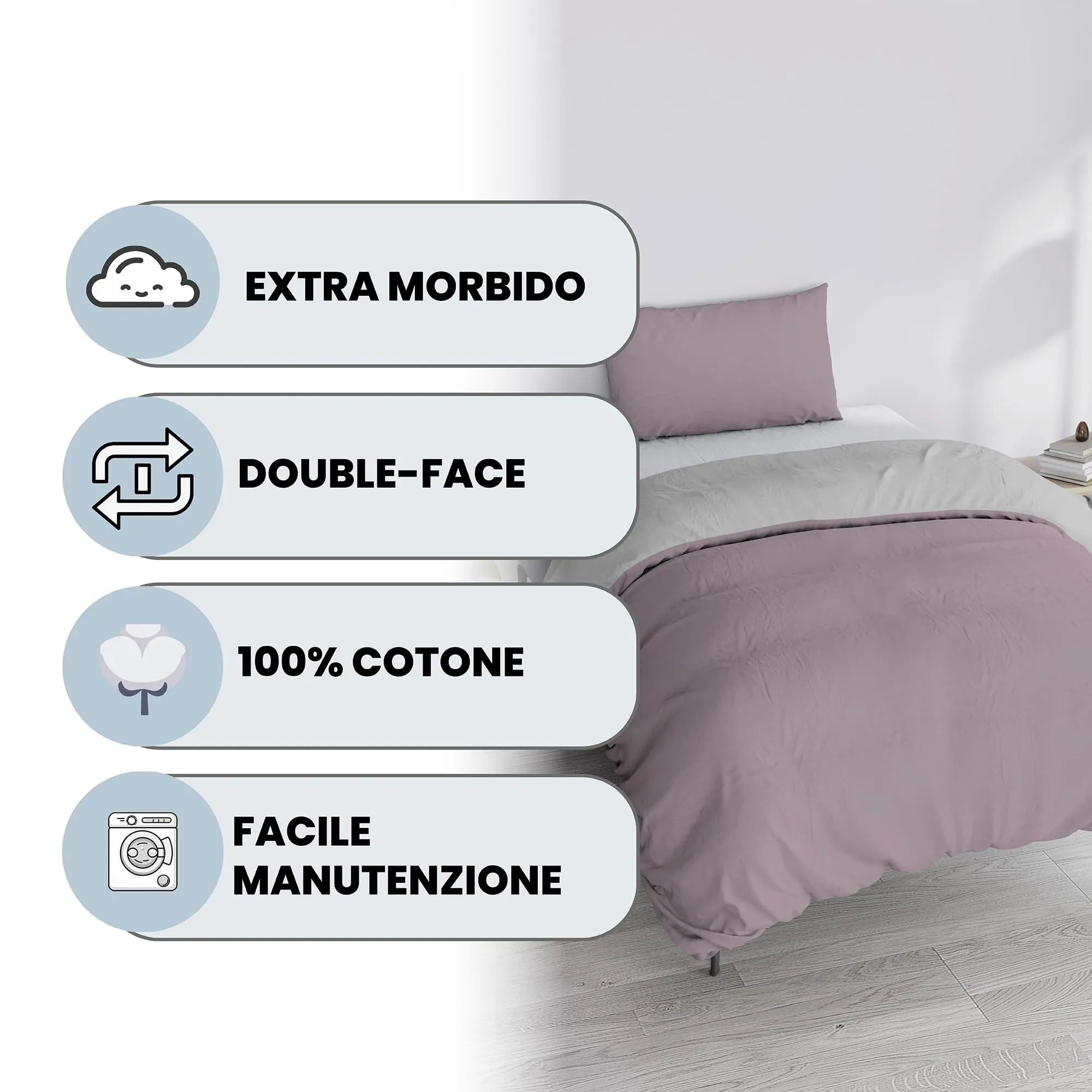 Italian Bed Linen Set Copripiumino 100% Cotone, Singolo, 150x200 cm, Rosa Antico/Grigio Chiaro - immagine 2