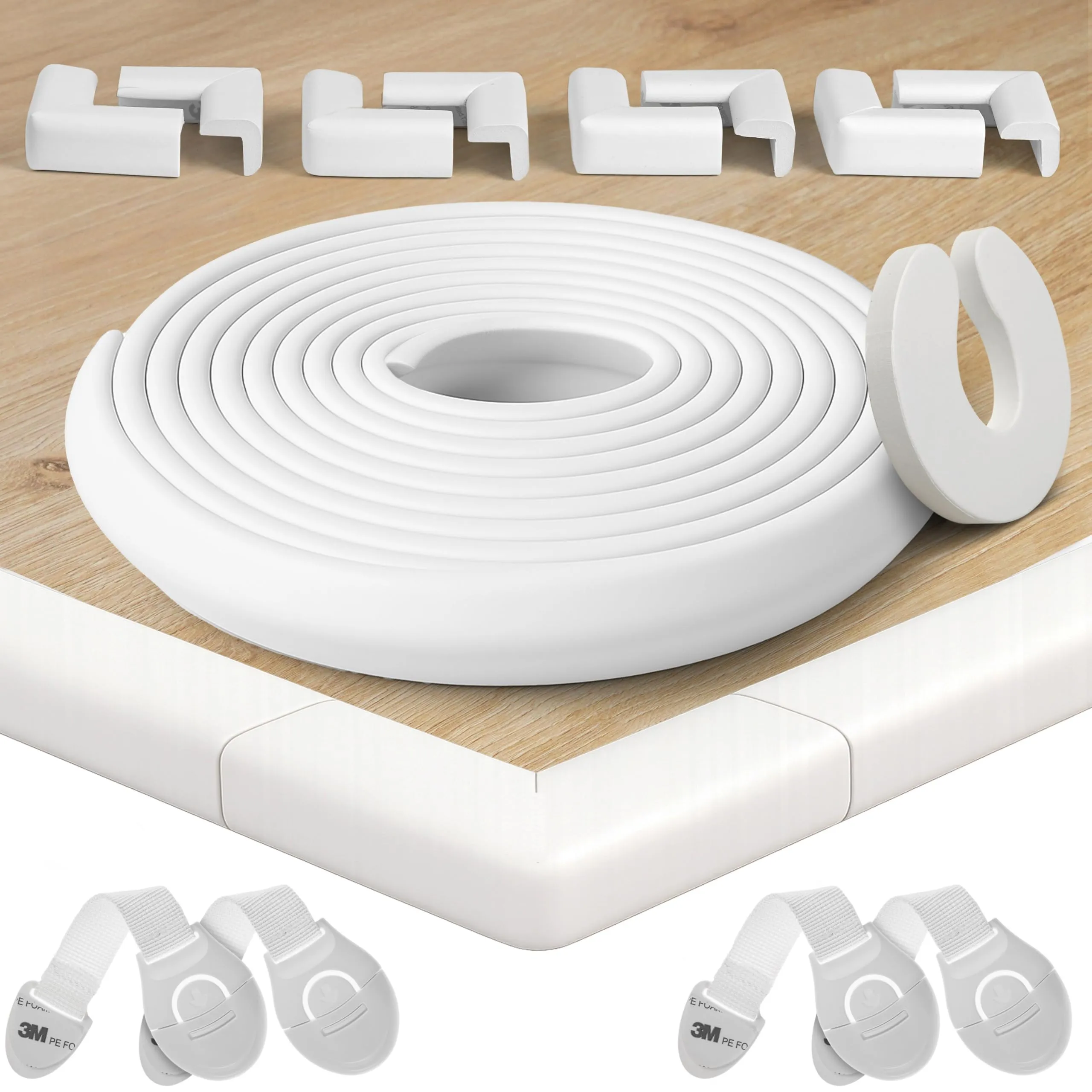 Happy Chlea Paraspigoli per Bambini in Gomma con Tecnologia Schiuma Attiva, Kit con 6,4m Paracolpi, 8 Paraspigoli Angolari, 4 Blocca Cassetti e 1 Fermaporta (Bianco) - immagine 1