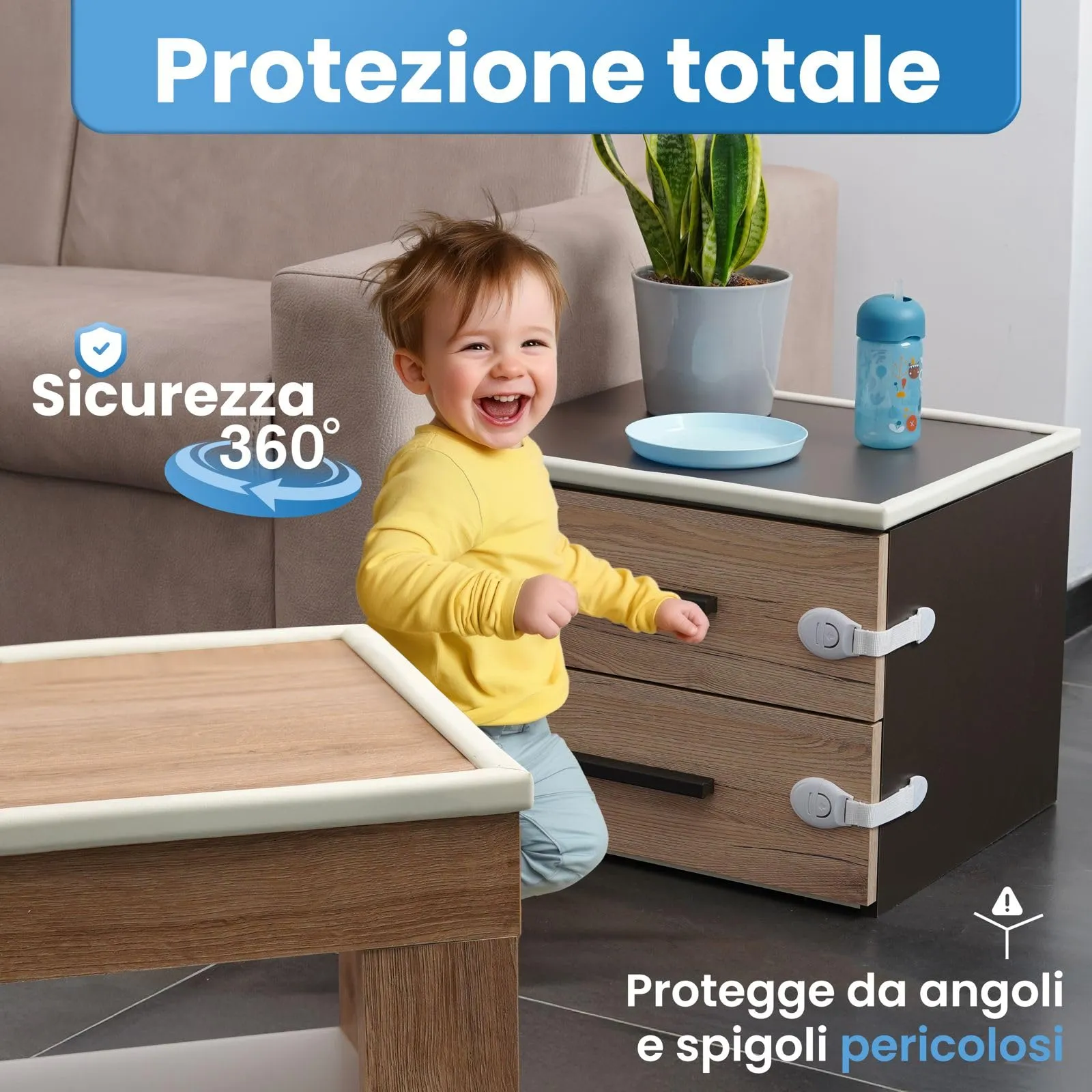 Happy Chlea Paraspigoli per Bambini in Gomma con Tecnologia Schiuma Attiva, Kit con 6,4m Paracolpi, 8 Paraspigoli Angolari, 4 Blocca Cassetti e 1 Fermaporta (Bianco) - immagine 2