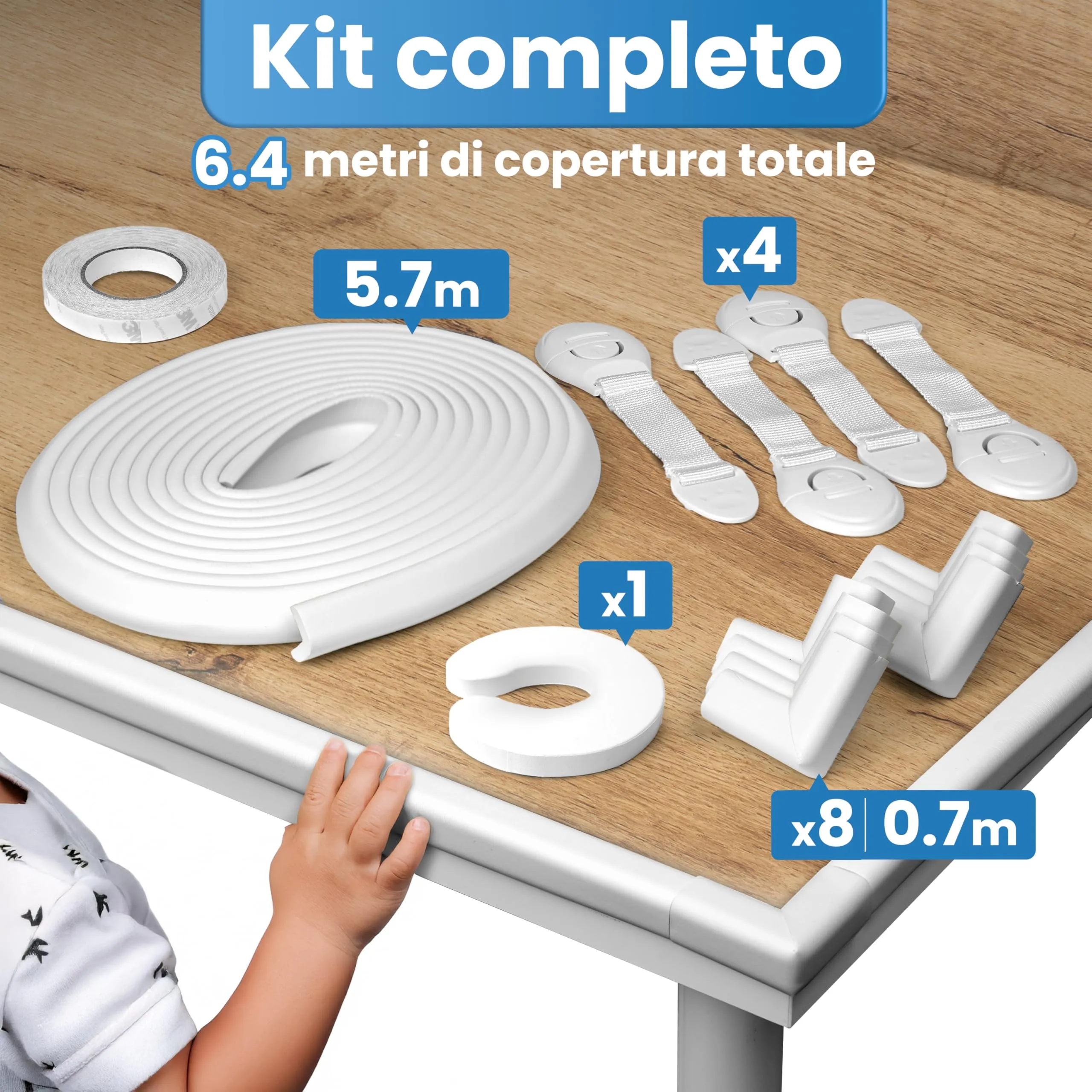 Happy Chlea Paraspigoli per Bambini in Gomma con Tecnologia Schiuma Attiva, Kit con 6,4m Paracolpi, 8 Paraspigoli Angolari, 4 Blocca Cassetti e 1 Fermaporta (Bianco) - immagine 4