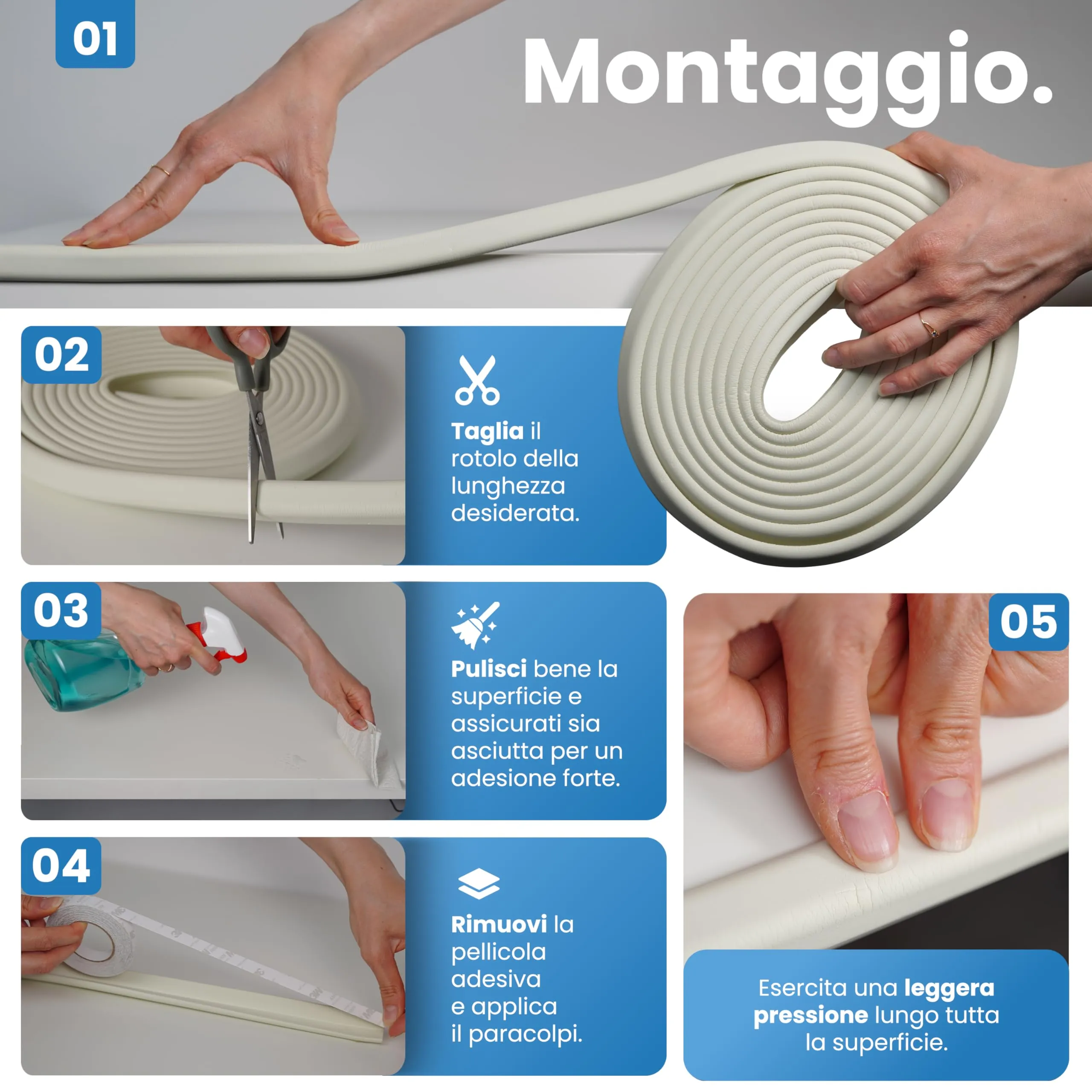 Happy Chlea Paraspigoli per Bambini in Gomma con Tecnologia Schiuma Attiva, Kit con 6,4m Paracolpi, 8 Paraspigoli Angolari, 4 Blocca Cassetti e 1 Fermaporta (Bianco) - immagine 5