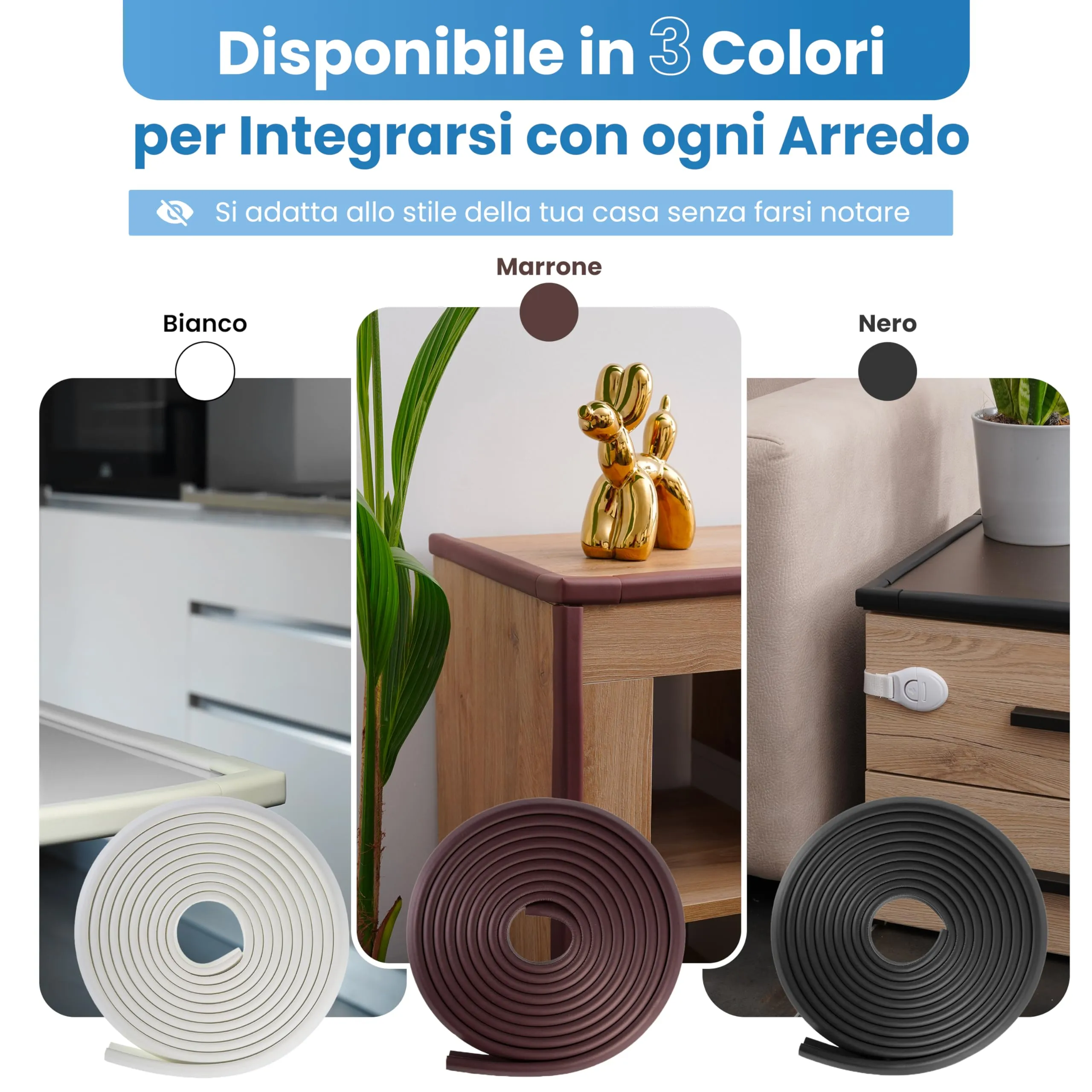 Happy Chlea Paraspigoli per Bambini in Gomma con Tecnologia Schiuma Attiva, Kit con 6,4m Paracolpi, 8 Paraspigoli Angolari, 4 Blocca Cassetti e 1 Fermaporta (Bianco) - immagine 7