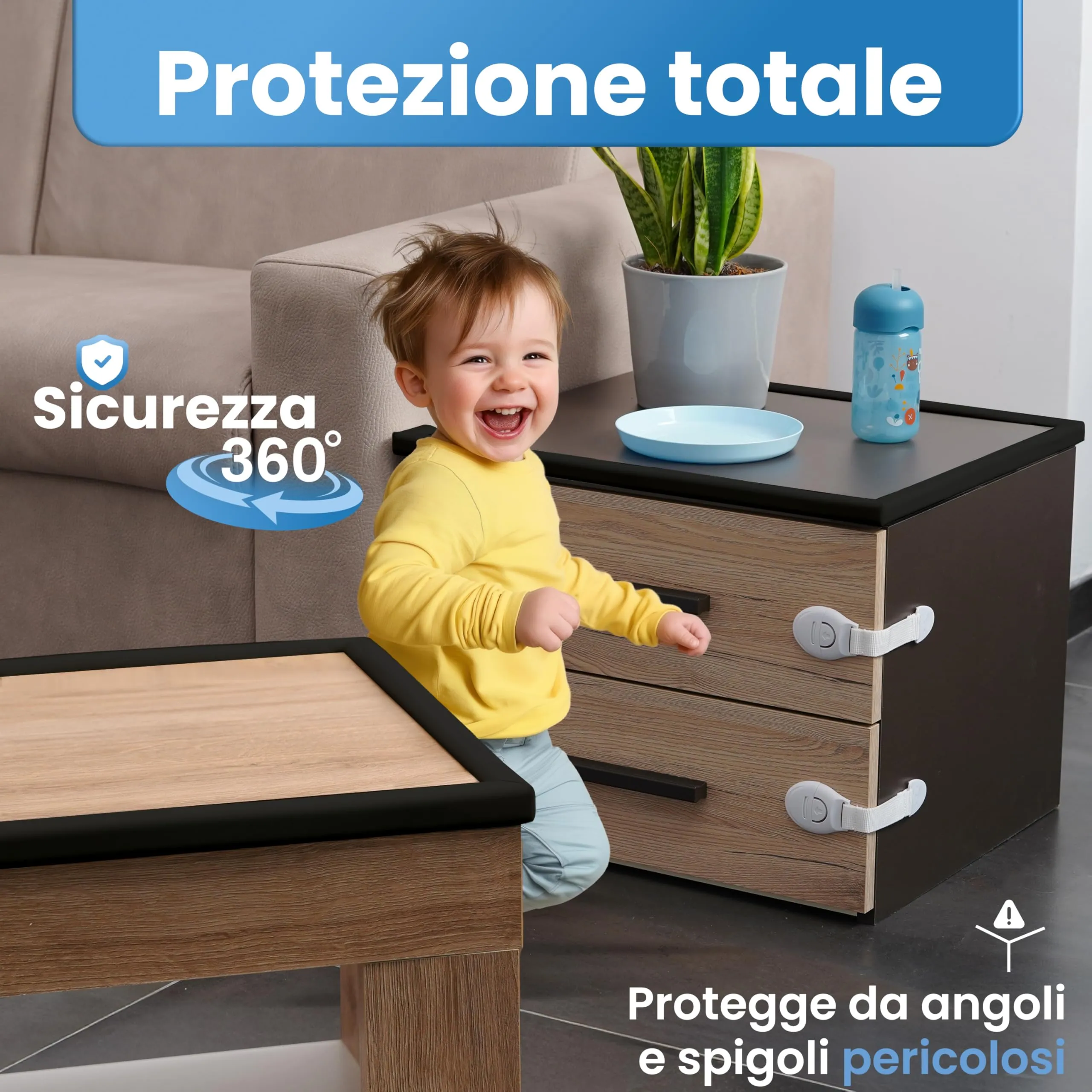 Happy Chlea Kit Protezione Bambini in Gomma con Schiuma Attiva, 6,4m Paracolpi, 8 Paraspigoli Angolari, 4 Blocca Cassetti e 1 Fermaporta (Nero) - immagine 2