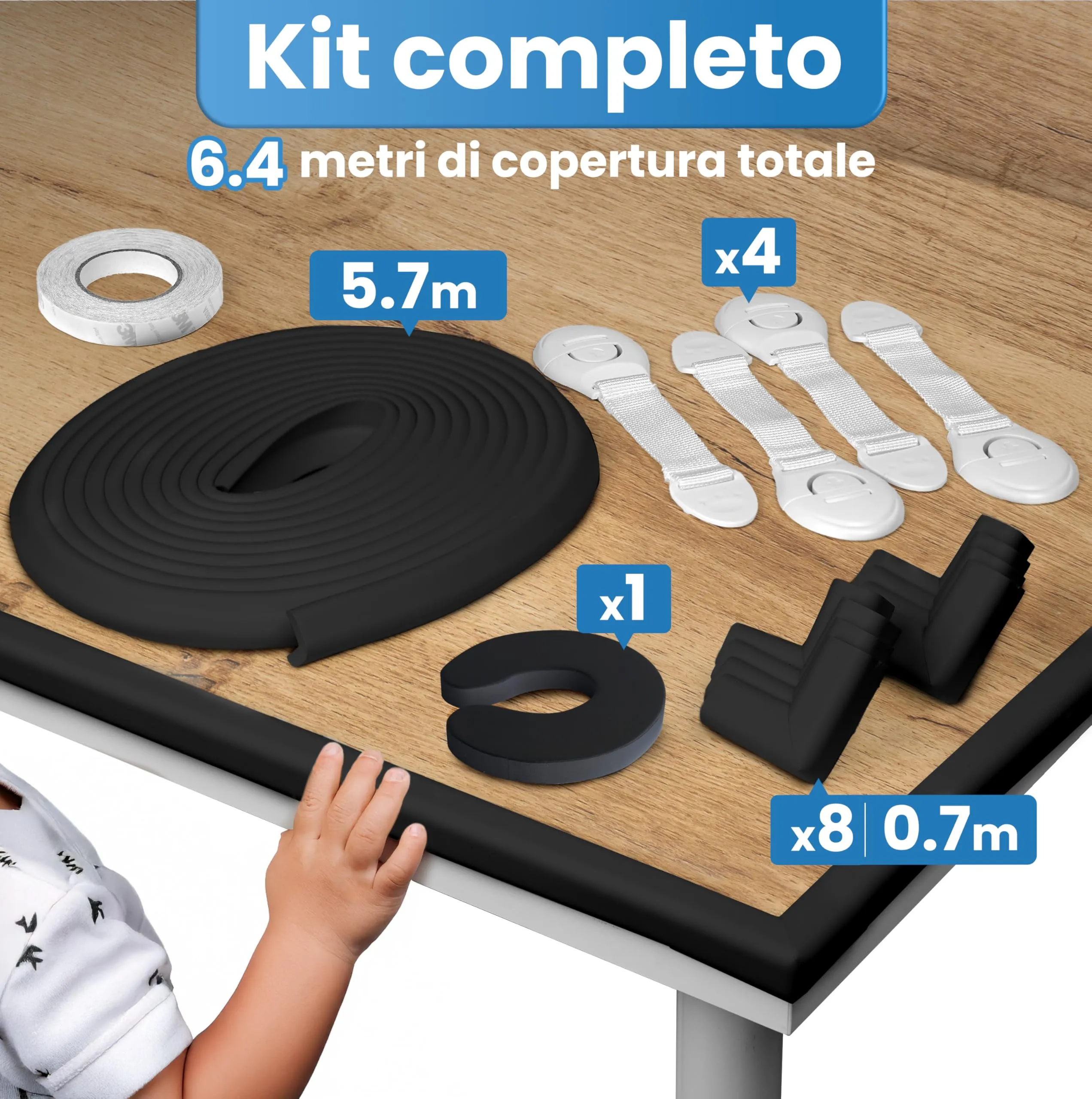 Happy Chlea Kit Protezione Bambini in Gomma con Schiuma Attiva, 6,4m Paracolpi, 8 Paraspigoli Angolari, 4 Blocca Cassetti e 1 Fermaporta (Nero) - immagine 3