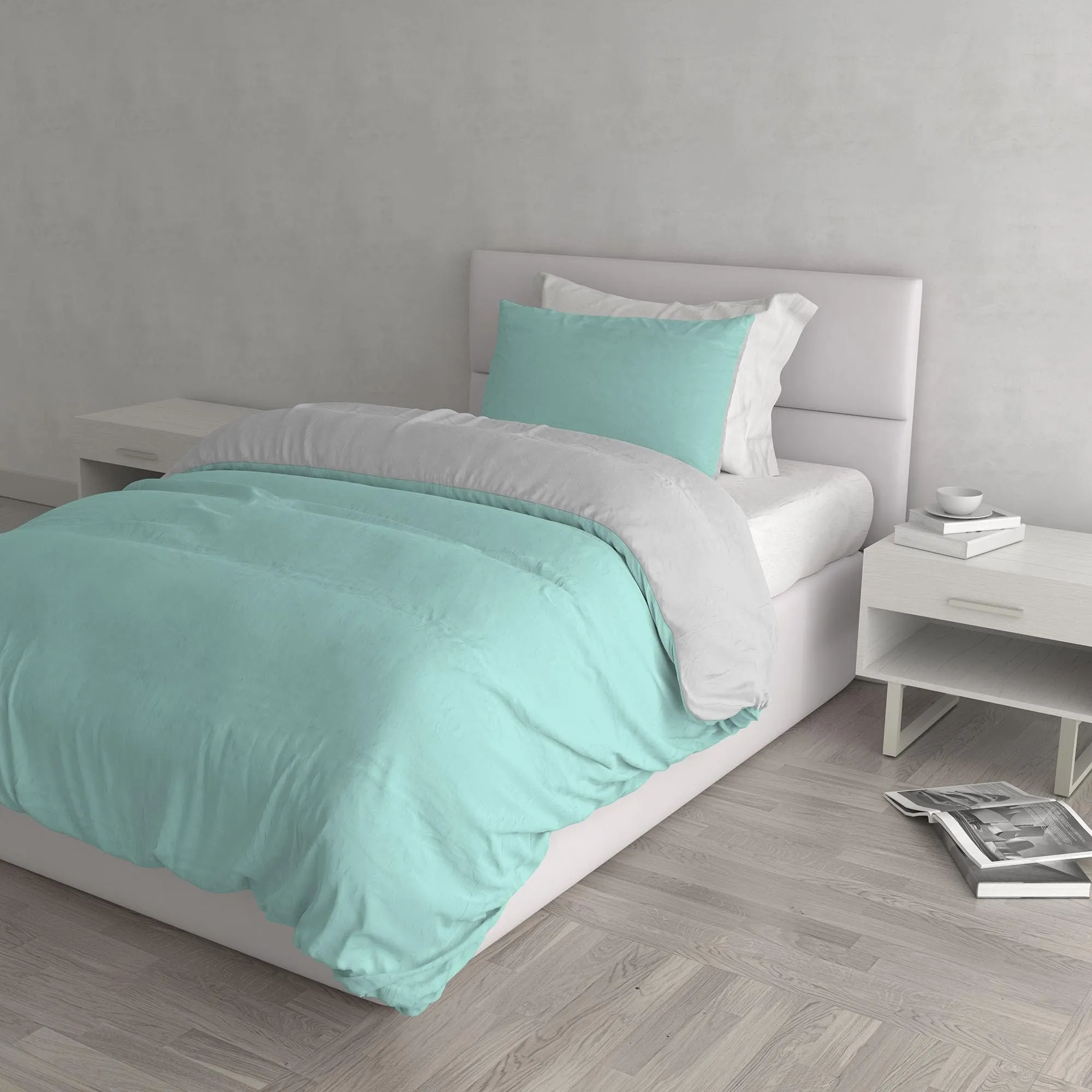Italian Bed Linen Set Copripiumino 100% Cotone, 200x200 cm, Piazza e Mezza, Acqua/Grigio Chiaro - immagine 1