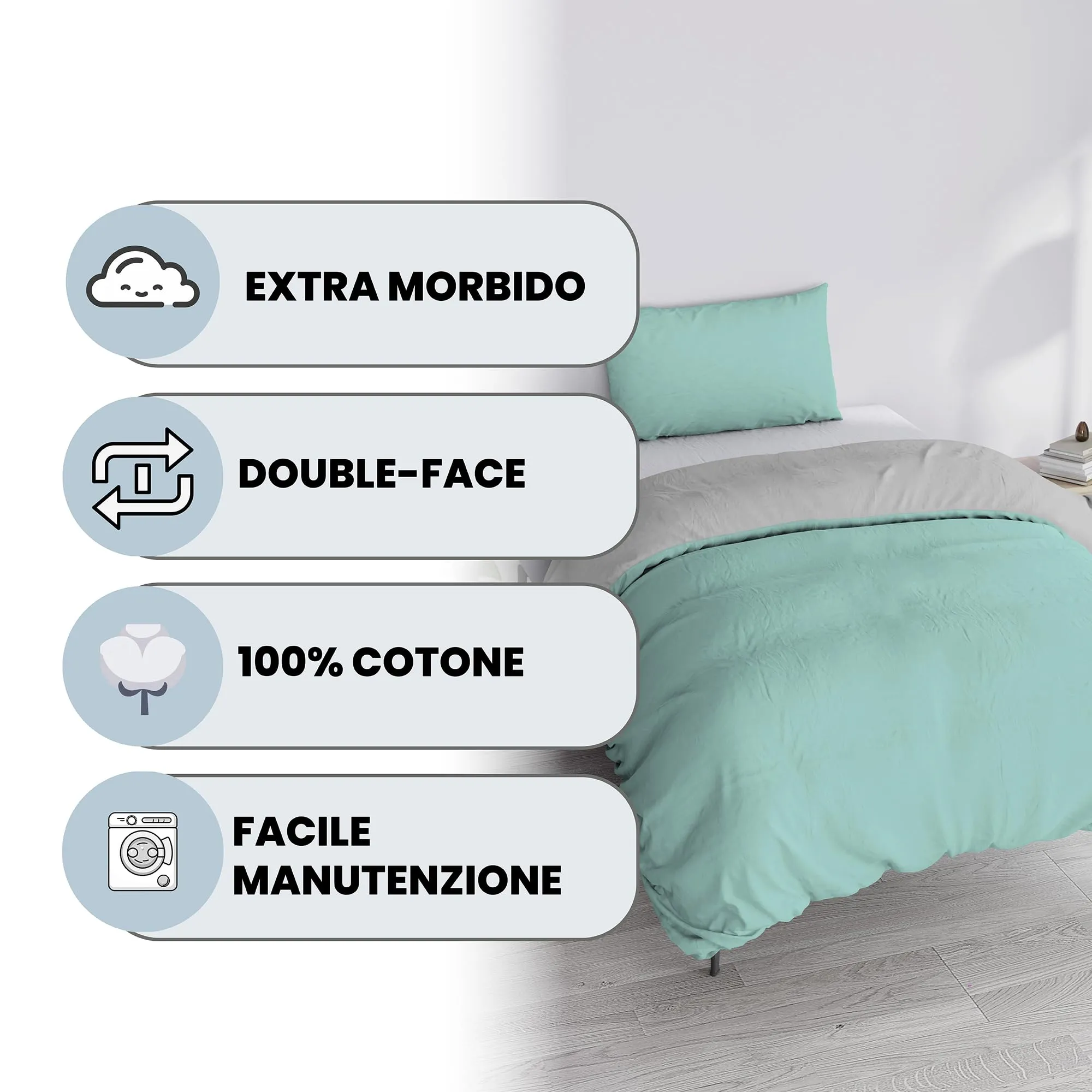 Italian Bed Linen Set Copripiumino 100% Cotone, 200x200 cm, Piazza e Mezza, Acqua/Grigio Chiaro - immagine 2