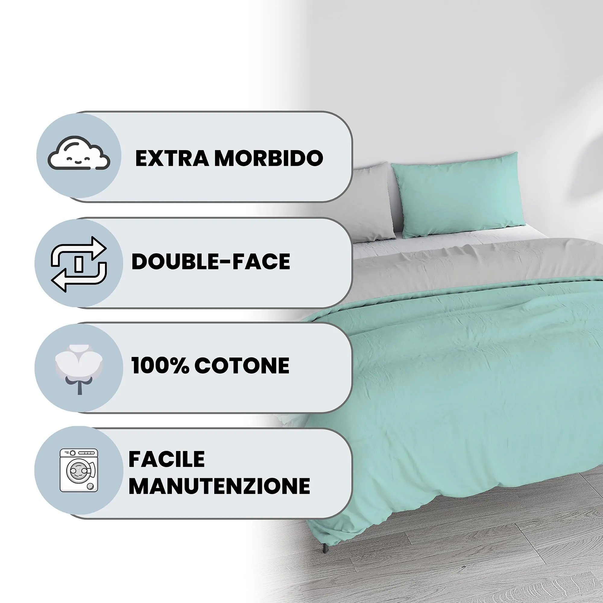 Italian Bed Linen Set Copripiumino 100% Cotone, Matrimoniale, 250x200 cm, Acqua/Grigio Chiaro - immagine 2