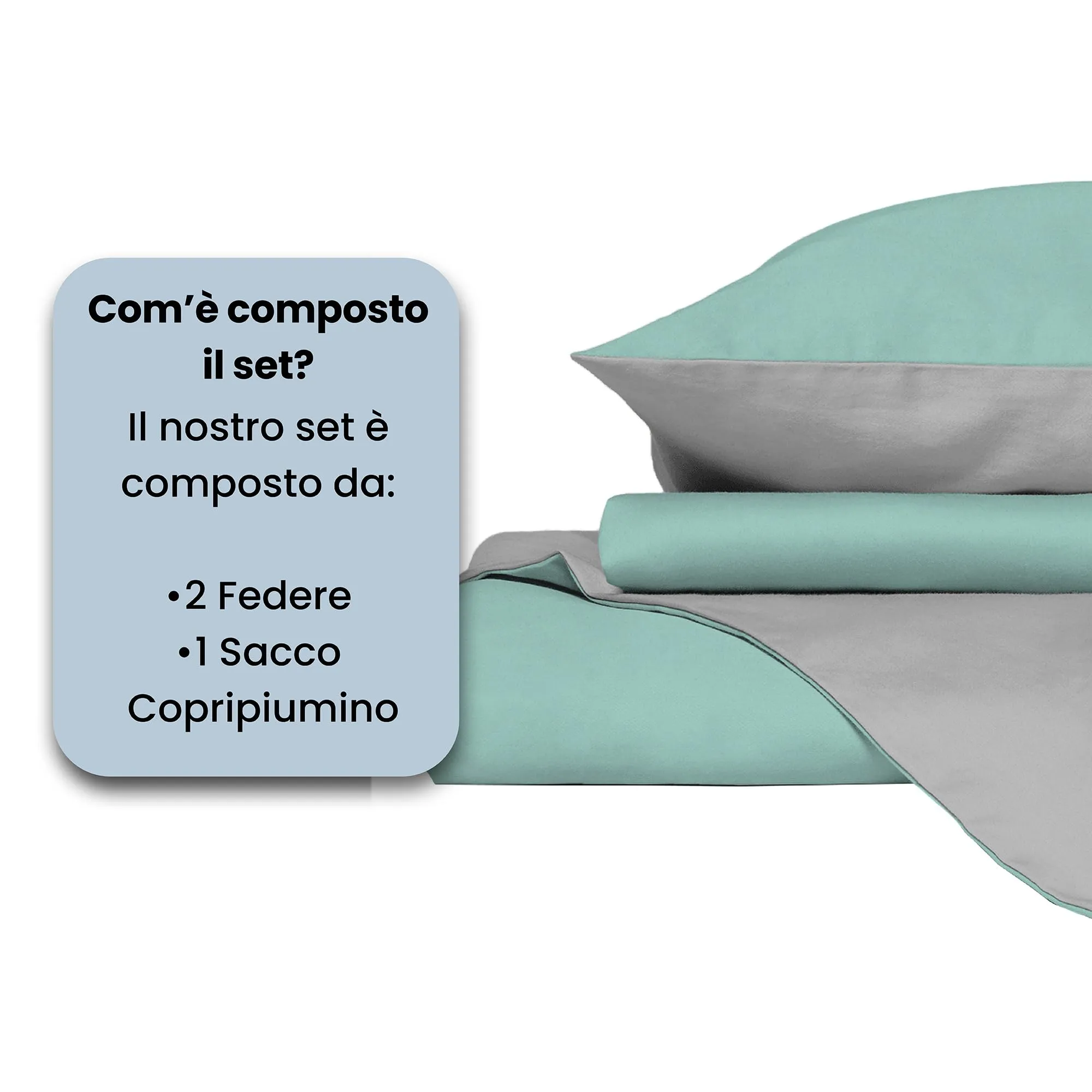 Italian Bed Linen Set Copripiumino 100% Cotone, Matrimoniale, 250x200 cm, Acqua/Grigio Chiaro - immagine 4