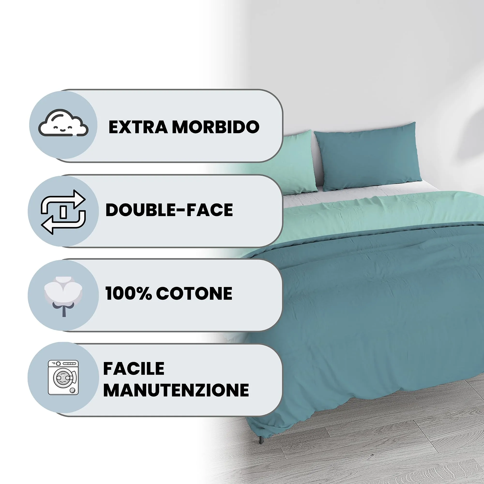 Italian Bed Linen Set Copripiumino 100% Cotone, Matrimoniale, 250x200 cm, Ottanio/Acqua - immagine 2