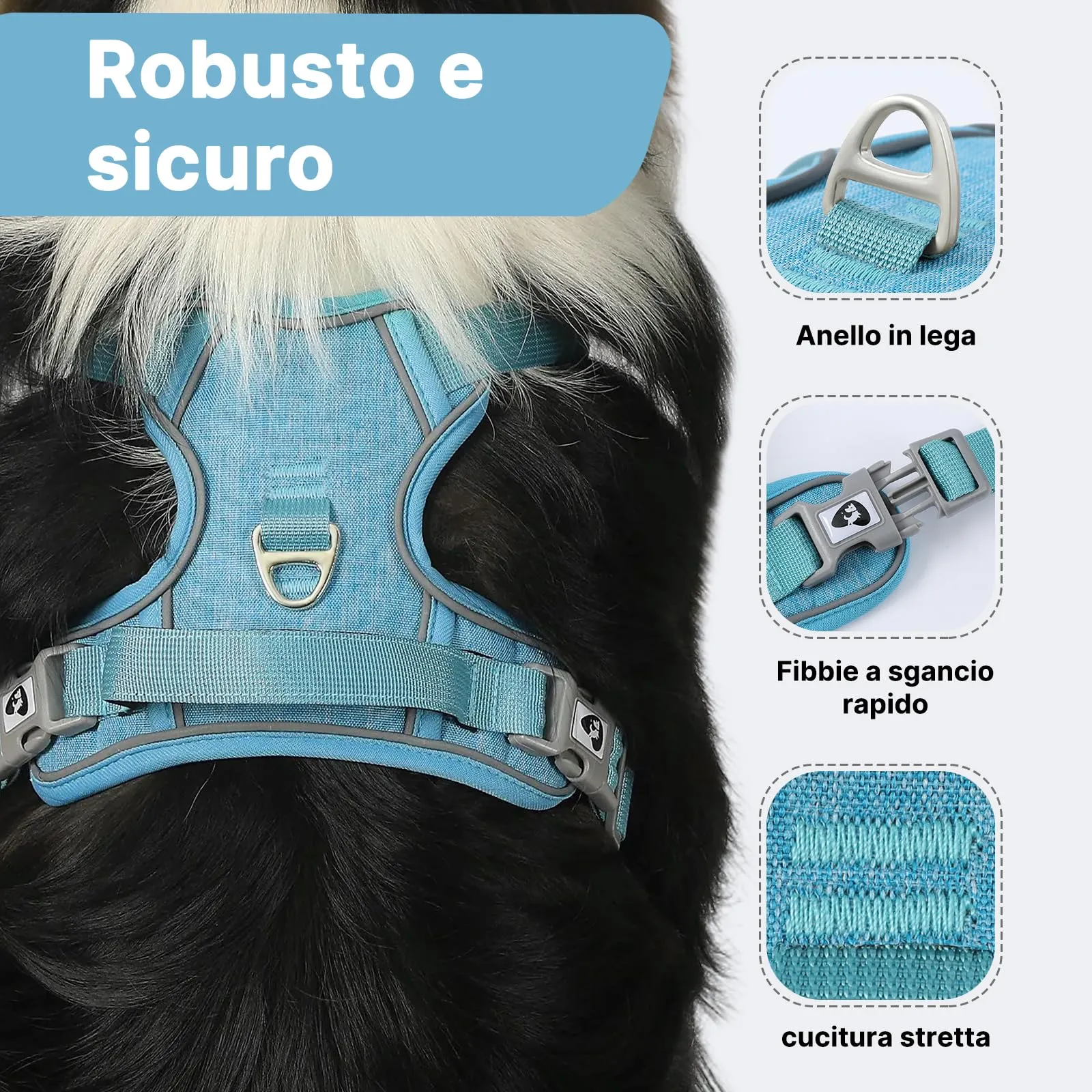 COMSLE Pettorina Anti Tiro per Cani Riflettente e Traspirante, Regolabile con Doppio Anello, Blu Chiaro, XL - immagine 3
