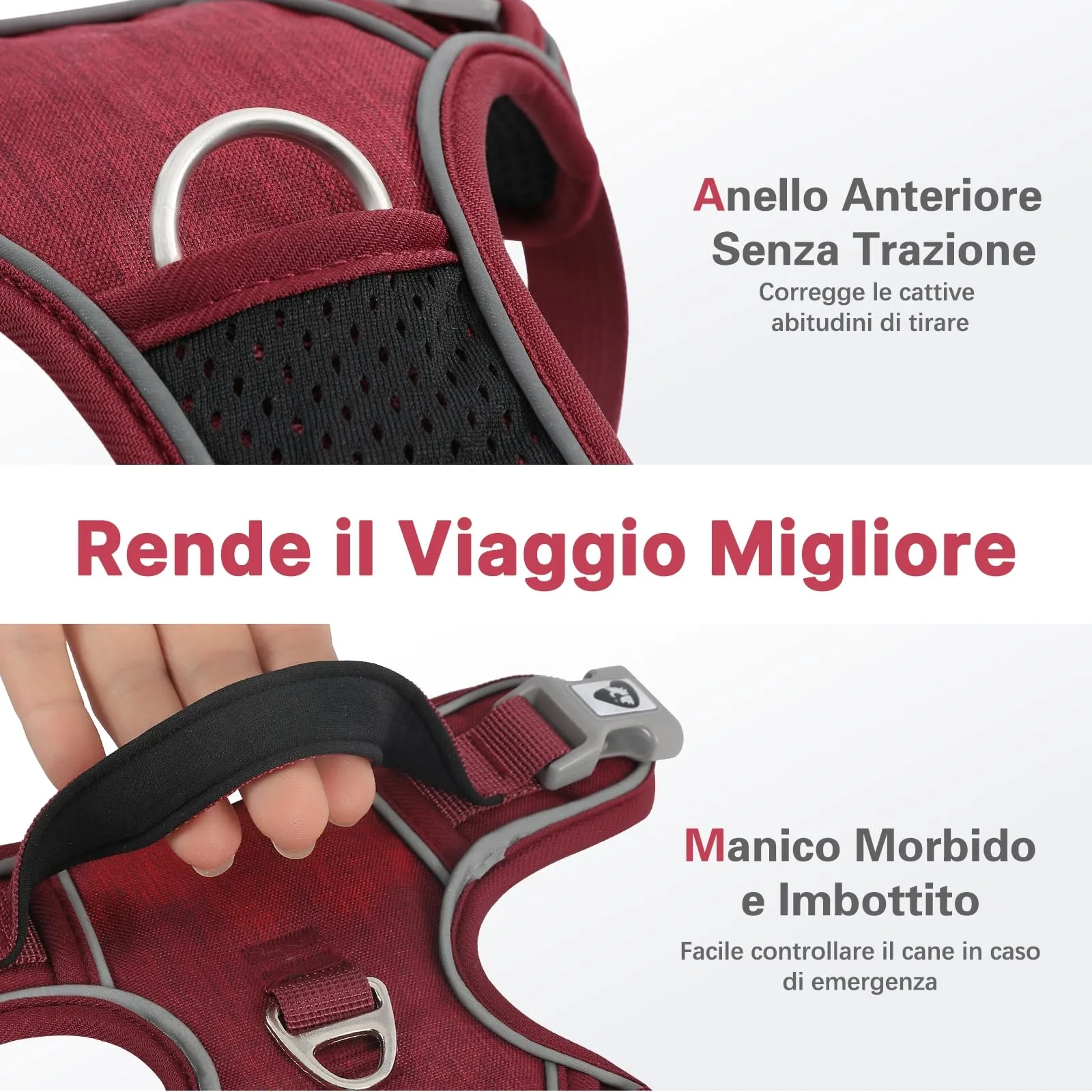 COMSLE Pettorina Anti Tiro per Cani Riflettente e Traspirante, Regolabile con Doppio Anello, Rosso, S - immagine 4