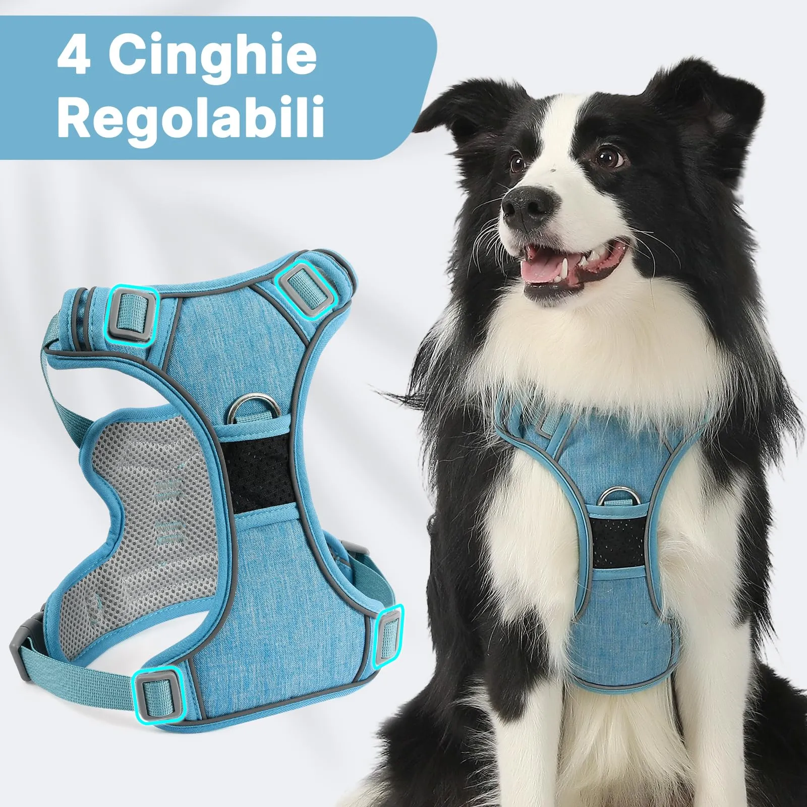 COMSLE Pettorina Anti Tiro per Cani, Riflettente e Traspirante, Regolabile con Doppio Anello, Blu Chiaro, M - immagine 5