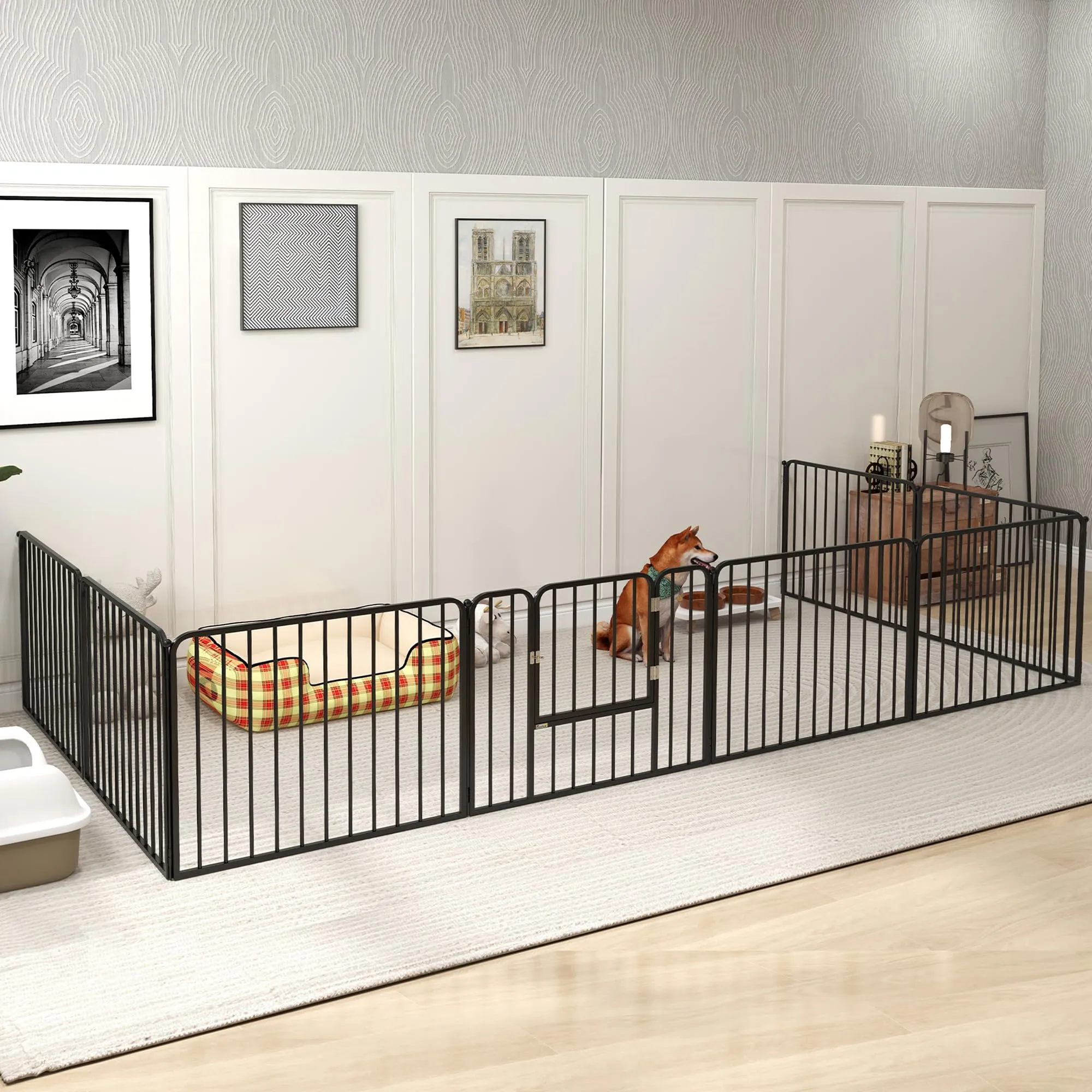 PawHut Box per Cani in Acciaio, 8 Pannelli Modulabili, 164x164x60 cm, Nero - immagine 2