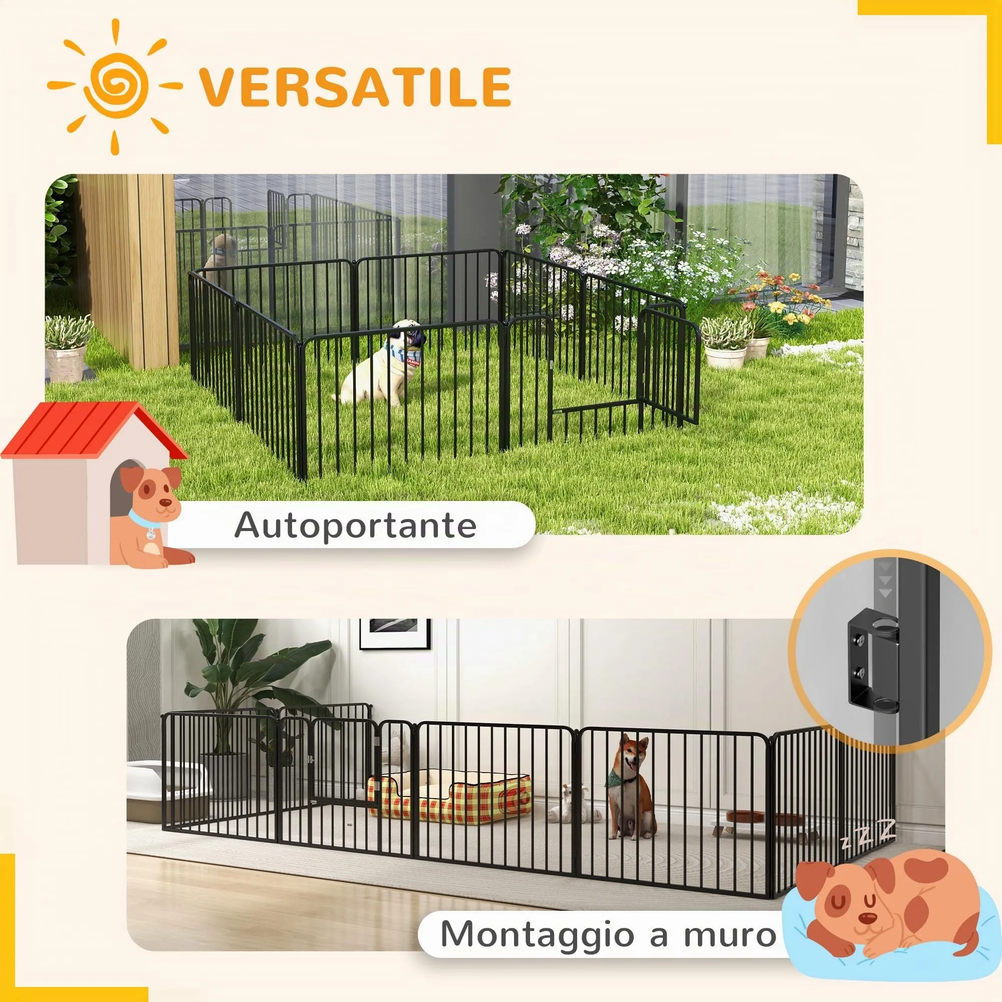 PawHut Box per Cani in Acciaio, 8 Pannelli Modulabili, 164x164x60 cm, Nero - immagine 5