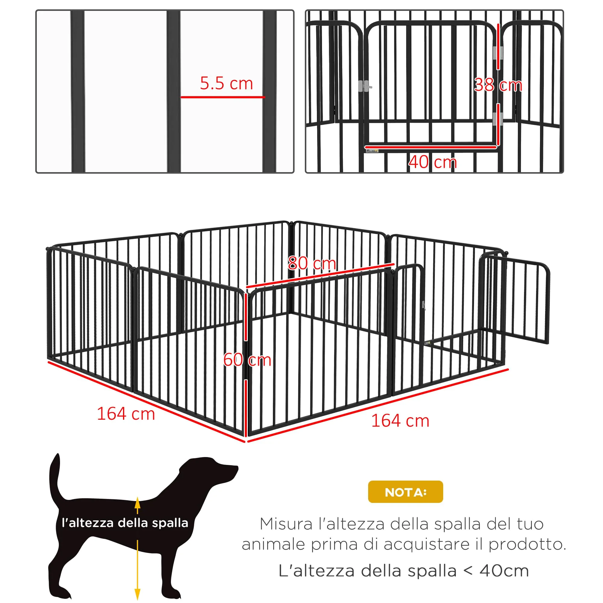 PawHut Box per Cani in Acciaio, 8 Pannelli Modulabili, 164x164x60 cm, Nero - immagine 7