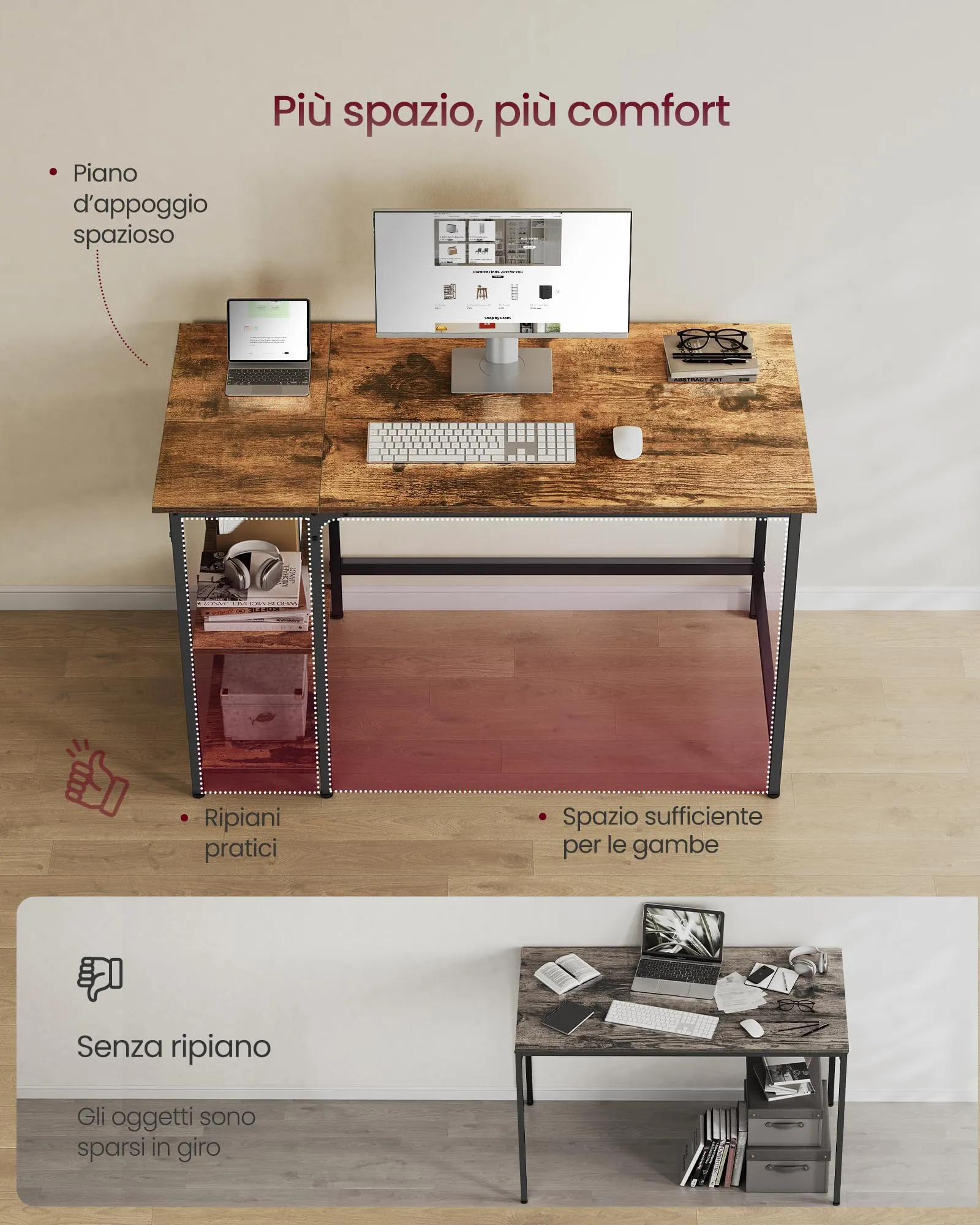 VASAGLE Scrivania per Computer con 2 Ripiani, Marrone Vintage e Nero LWD47X - immagine 4