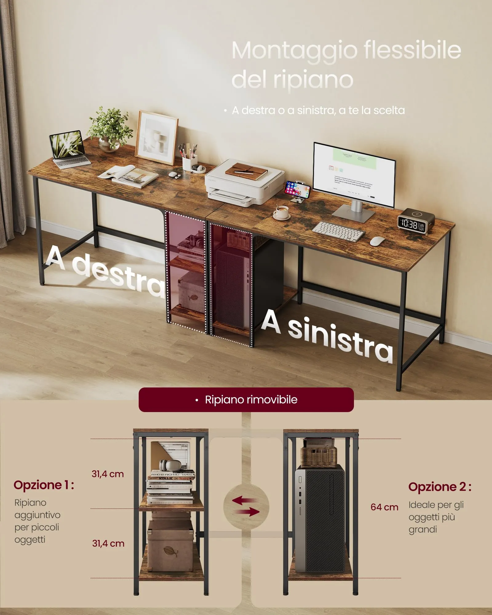 VASAGLE Scrivania per Computer con 2 Ripiani, Marrone Vintage e Nero LWD47X - immagine 5