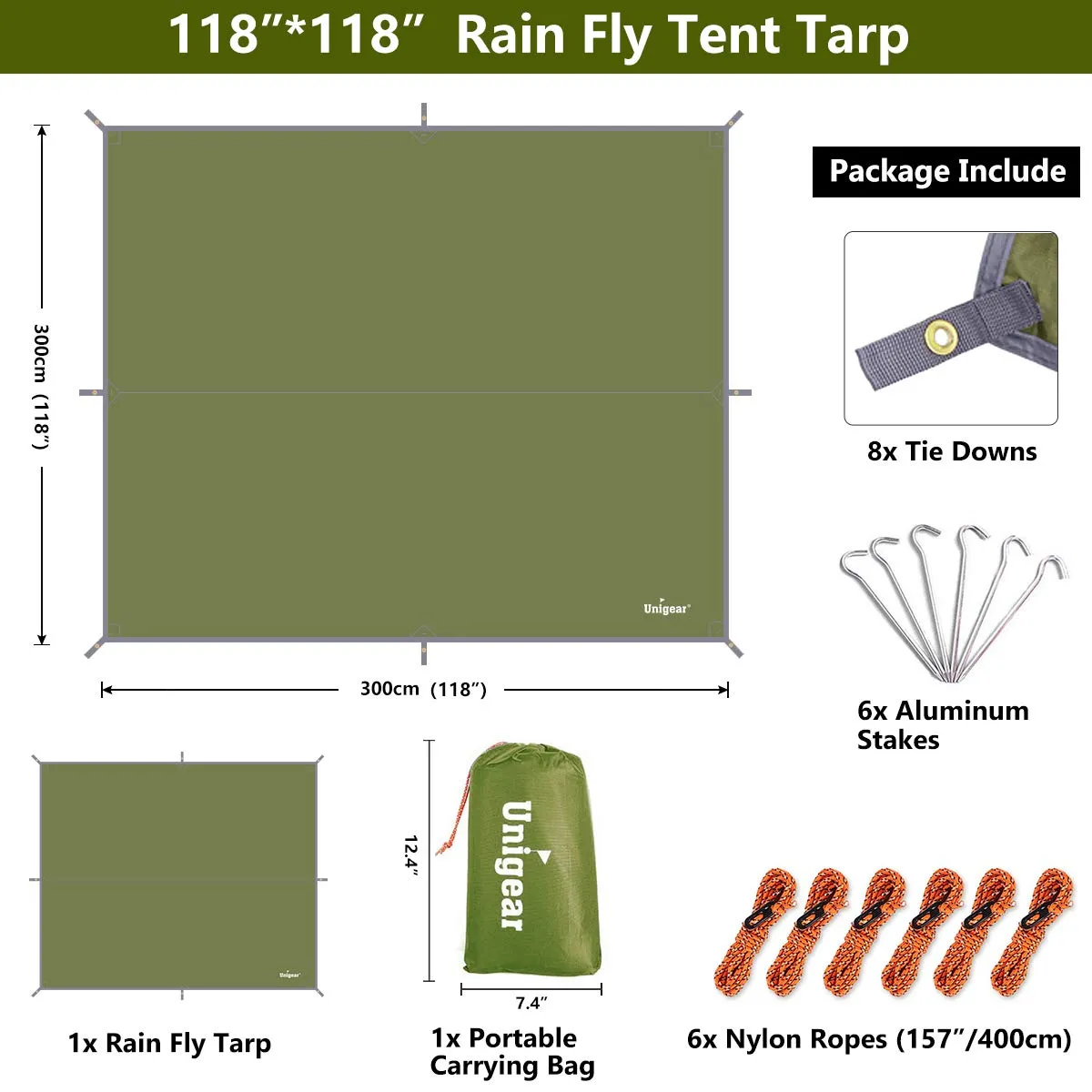 Unigear Telo Antipioggia Tarp Rain Fly 3x3m Verde - immagine 5