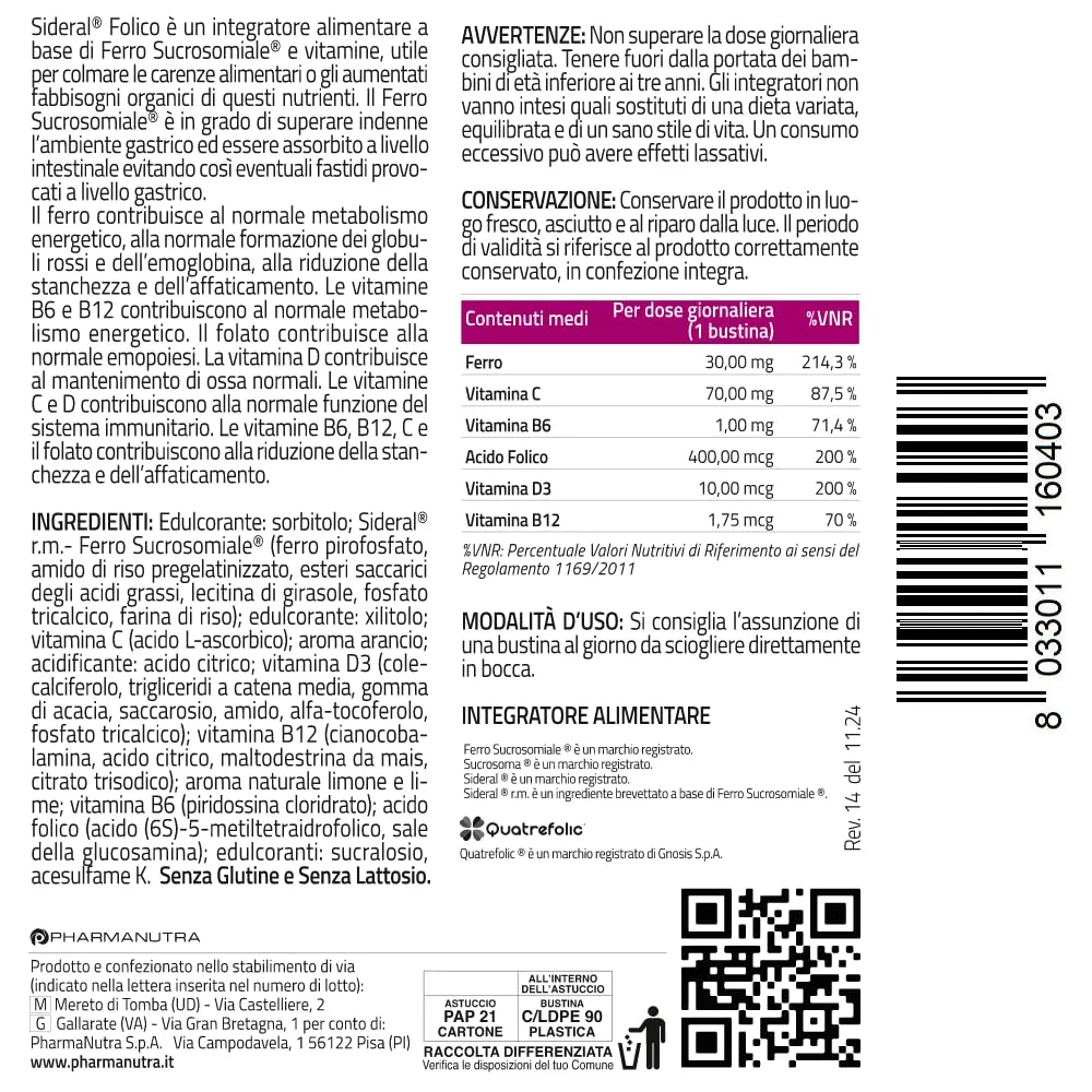Pharmanutra SiderAL Folico, Ferro Sucrosomiale, Quatrefolic, Vitamine D3 e B12 Sucrosomiali, 20 bustine orosolubili - immagine 9