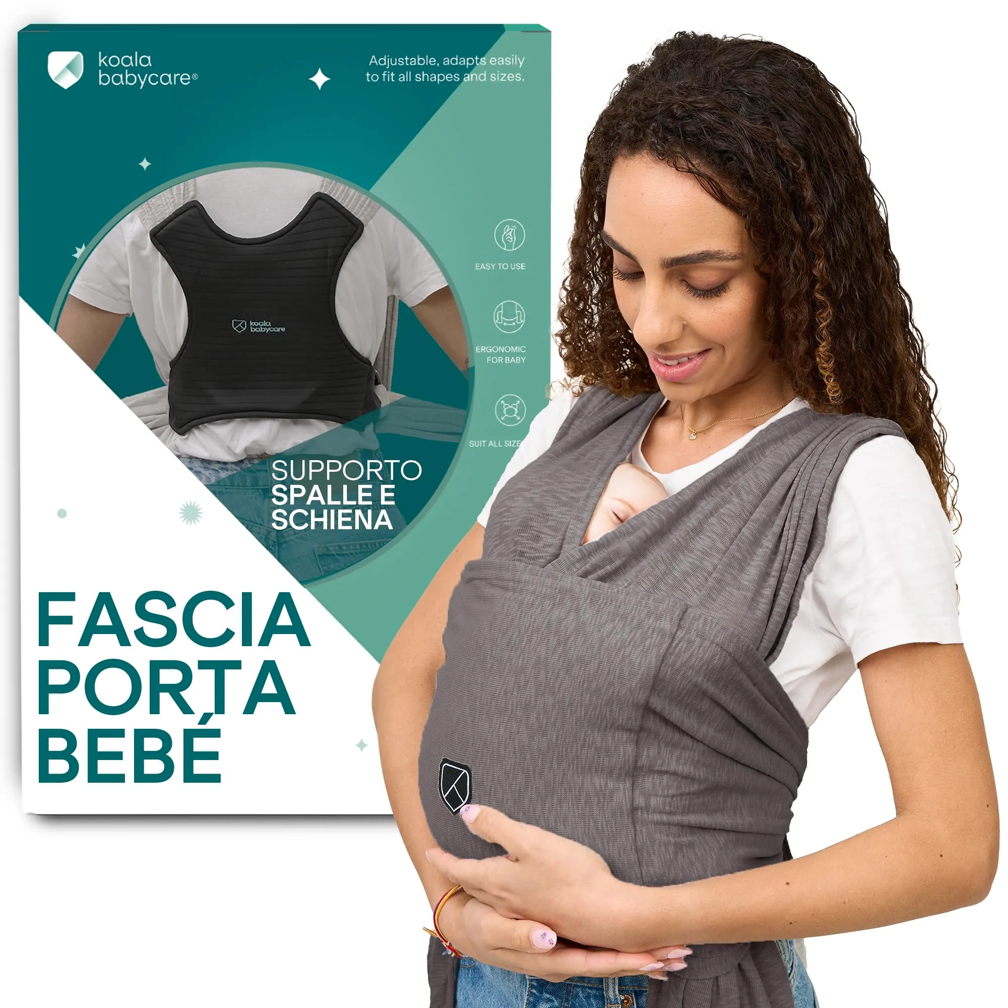 Koala Babycare Fascia Porta Bebe Neonato Regolabile Unisex, fino a 9kg, Antracite - immagine 1