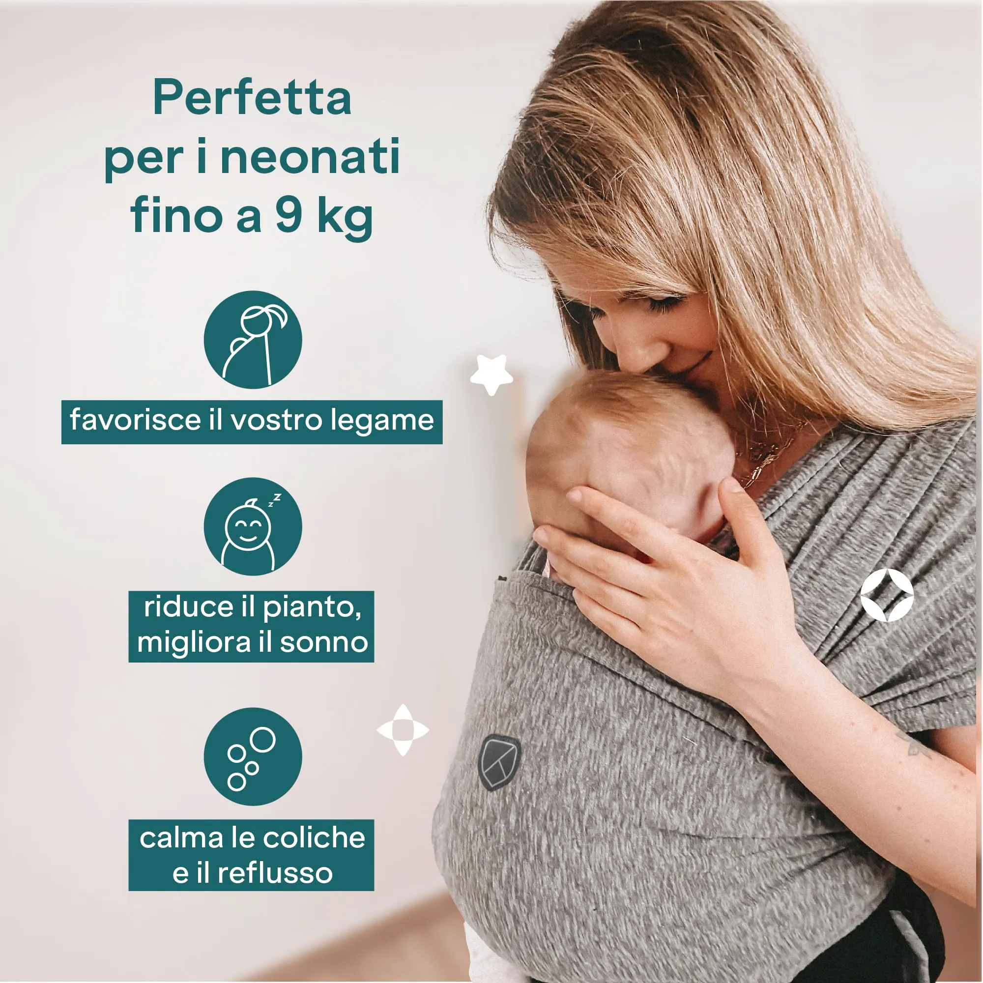 Koala Babycare Fascia Porta Bebe Neonato Regolabile Unisex, fino a 9kg, Antracite - immagine 4