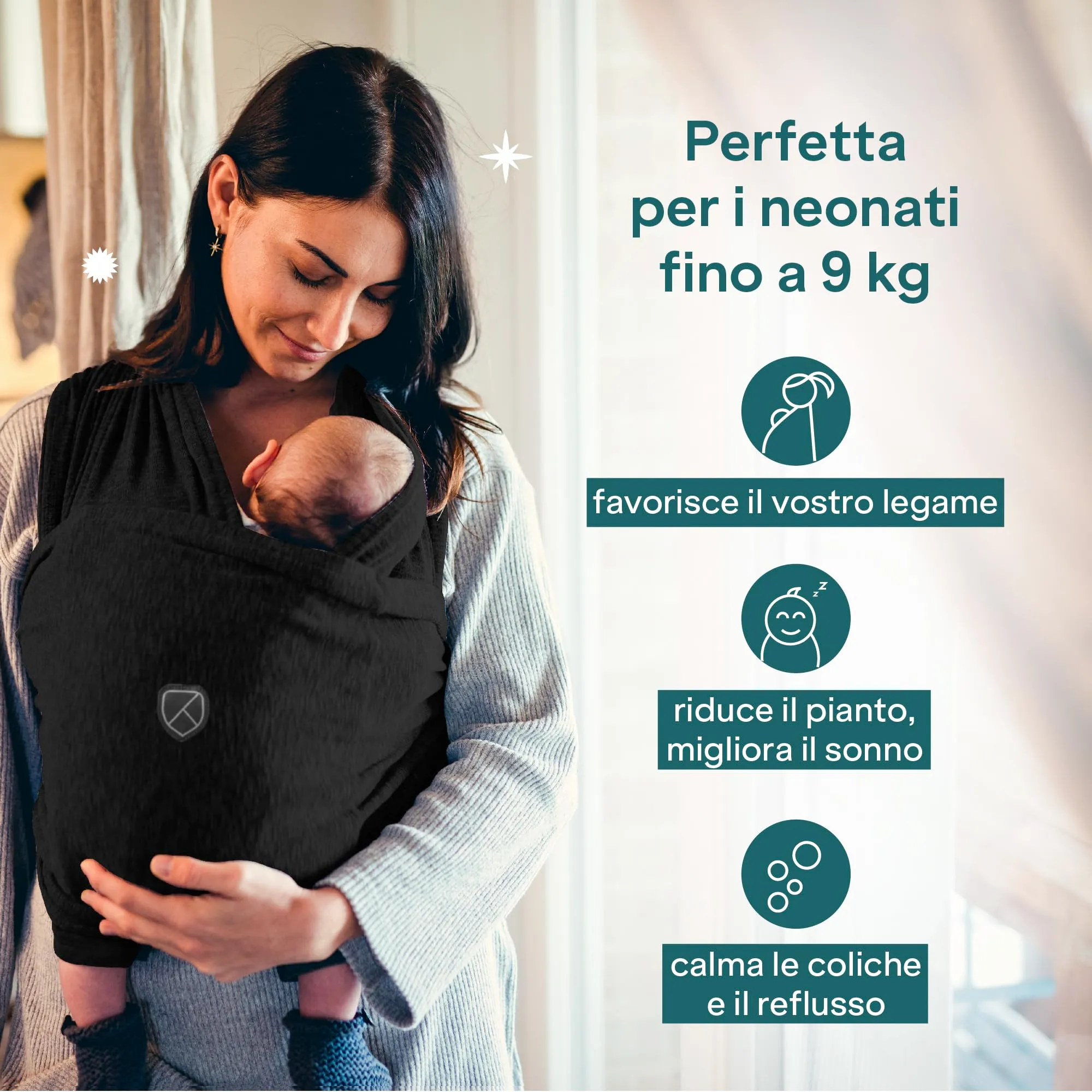 Koala Babycare Fascia Porta Bebe Neonato Regolabile Unisex, Fino a 9kg, Nera - immagine 4