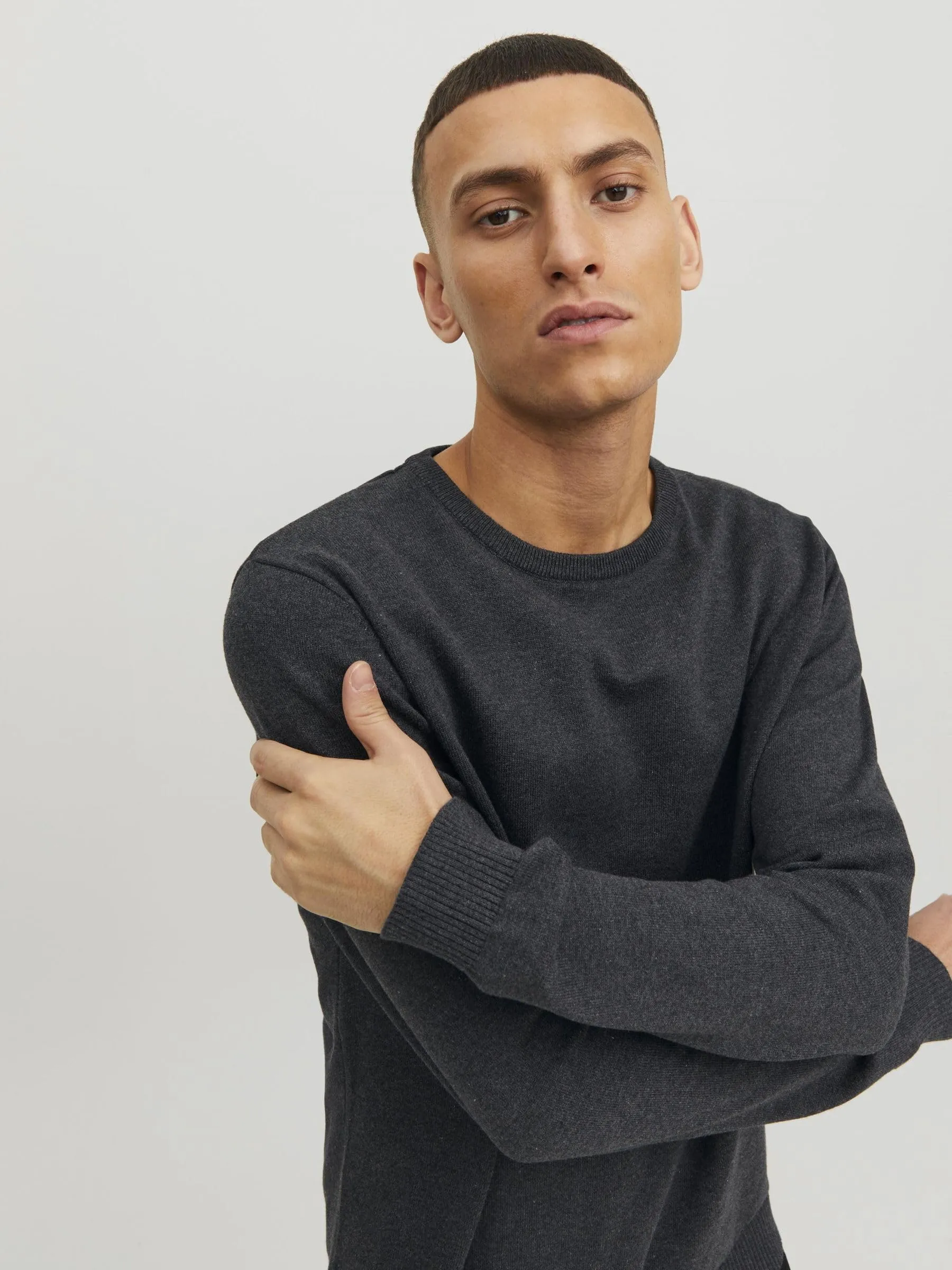 Jack & Jones Jjebasic Knit Crew Neck Noos Sweatshirt, Dark Grey Melange, M - immagine 8