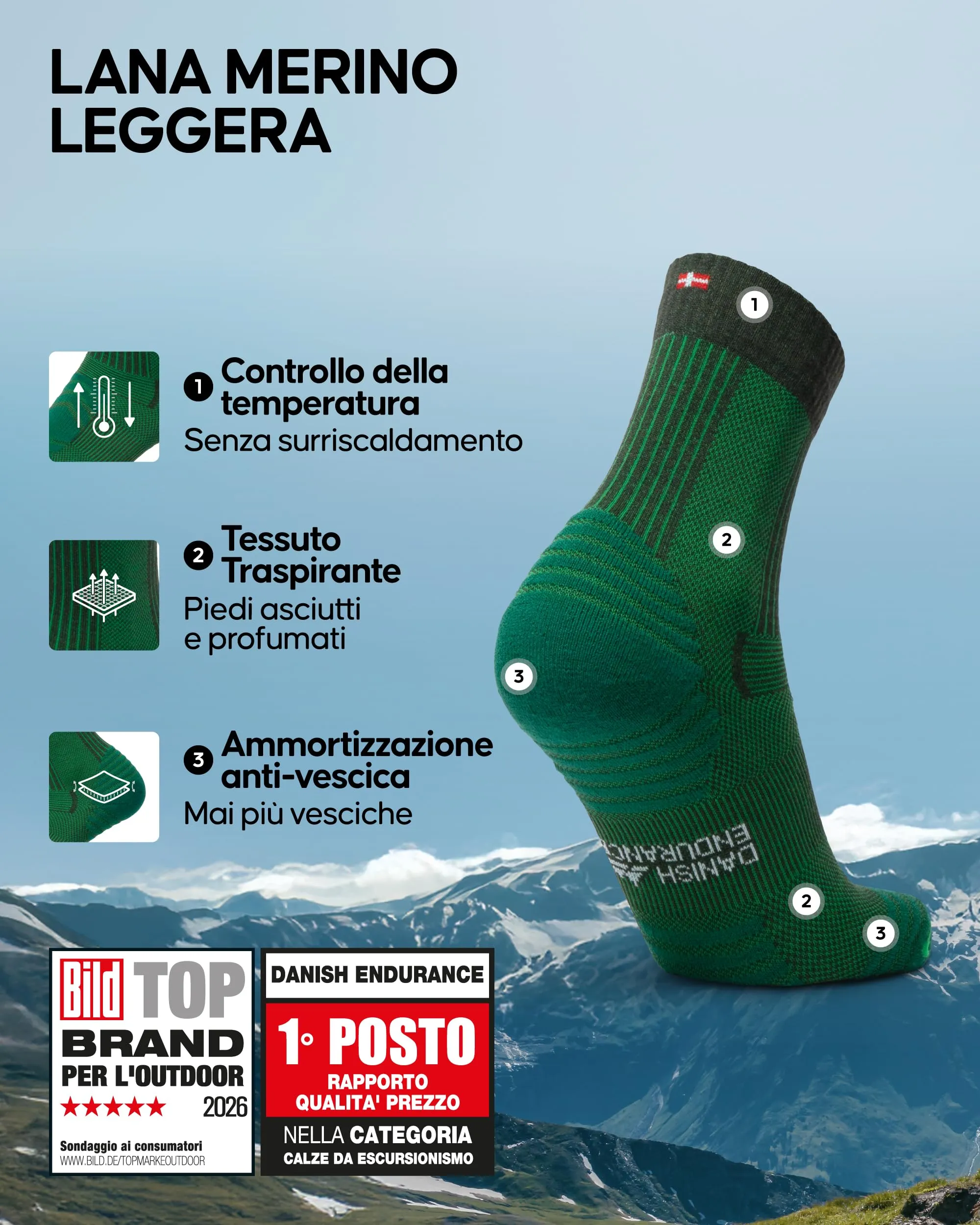 Danish Endurance Calze Trekking Leggere in Lana Merino, 3 Paia, Multicolore, 43-47 - immagine 2