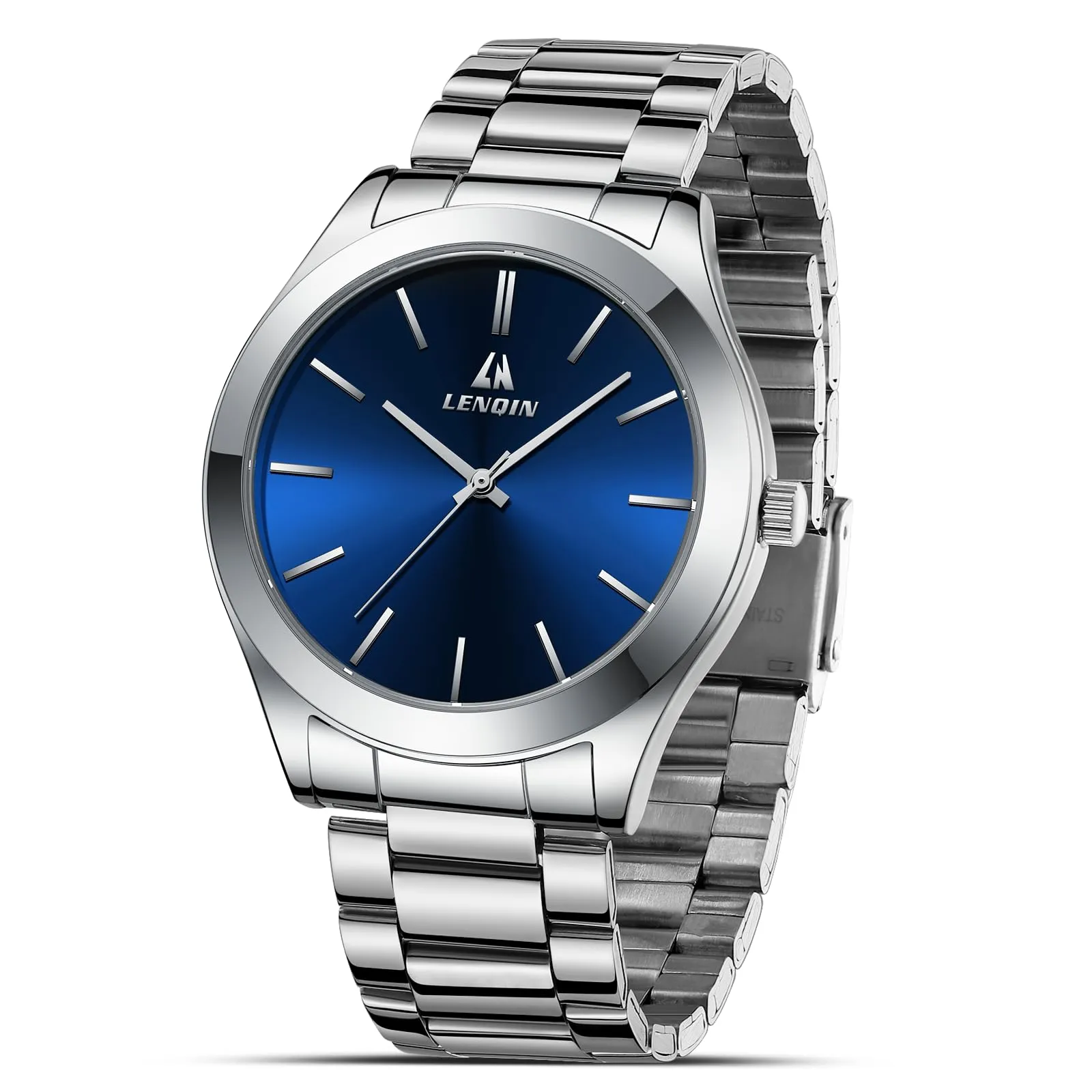 LN LENQIN Orologio Uomo Acciaio Inox Analogico Quarzo Impermeabile Business 0547 Silver Blue - immagine 1