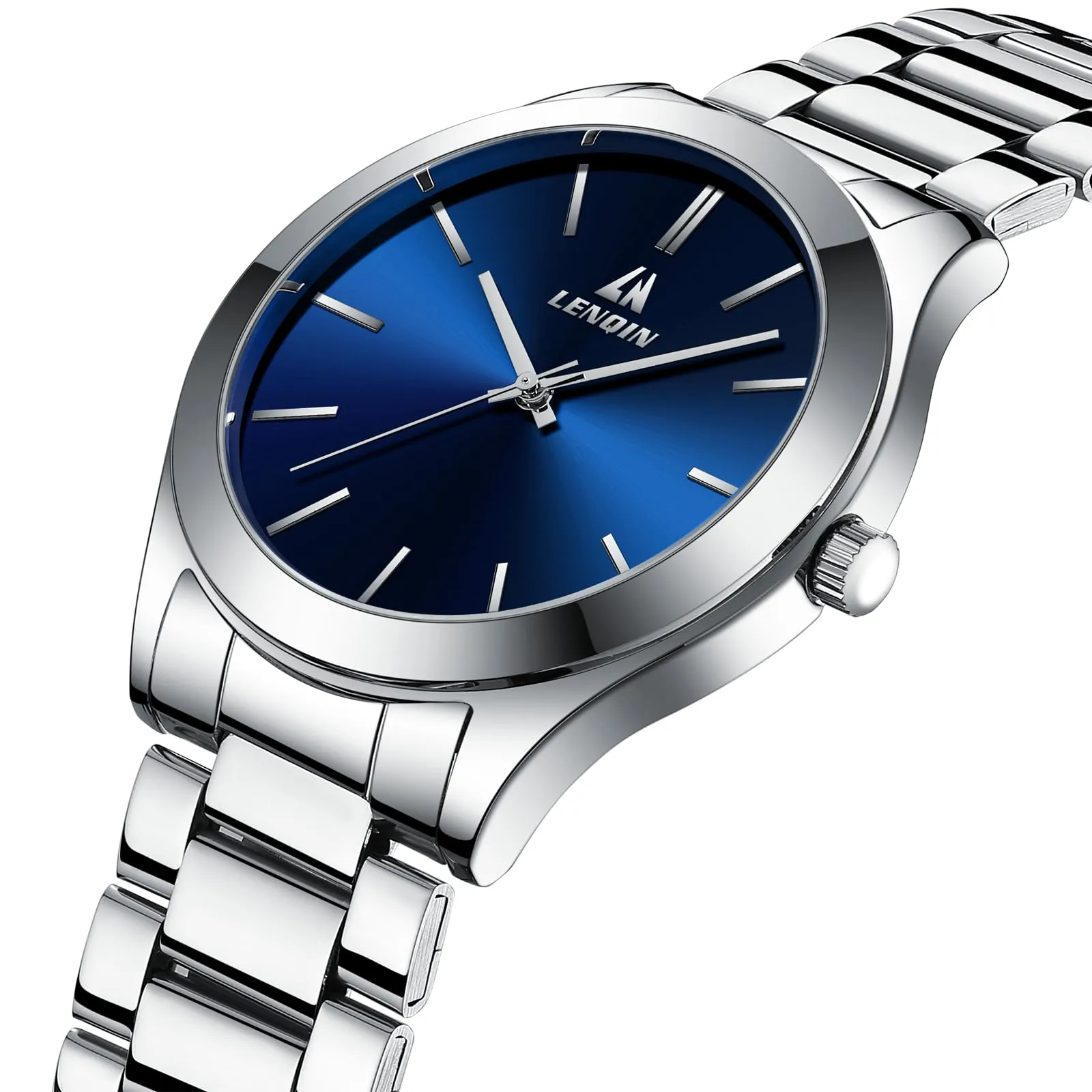 LN LENQIN Orologio Uomo Acciaio Inox Analogico Quarzo Impermeabile Business 0547 Silver Blue - immagine 3