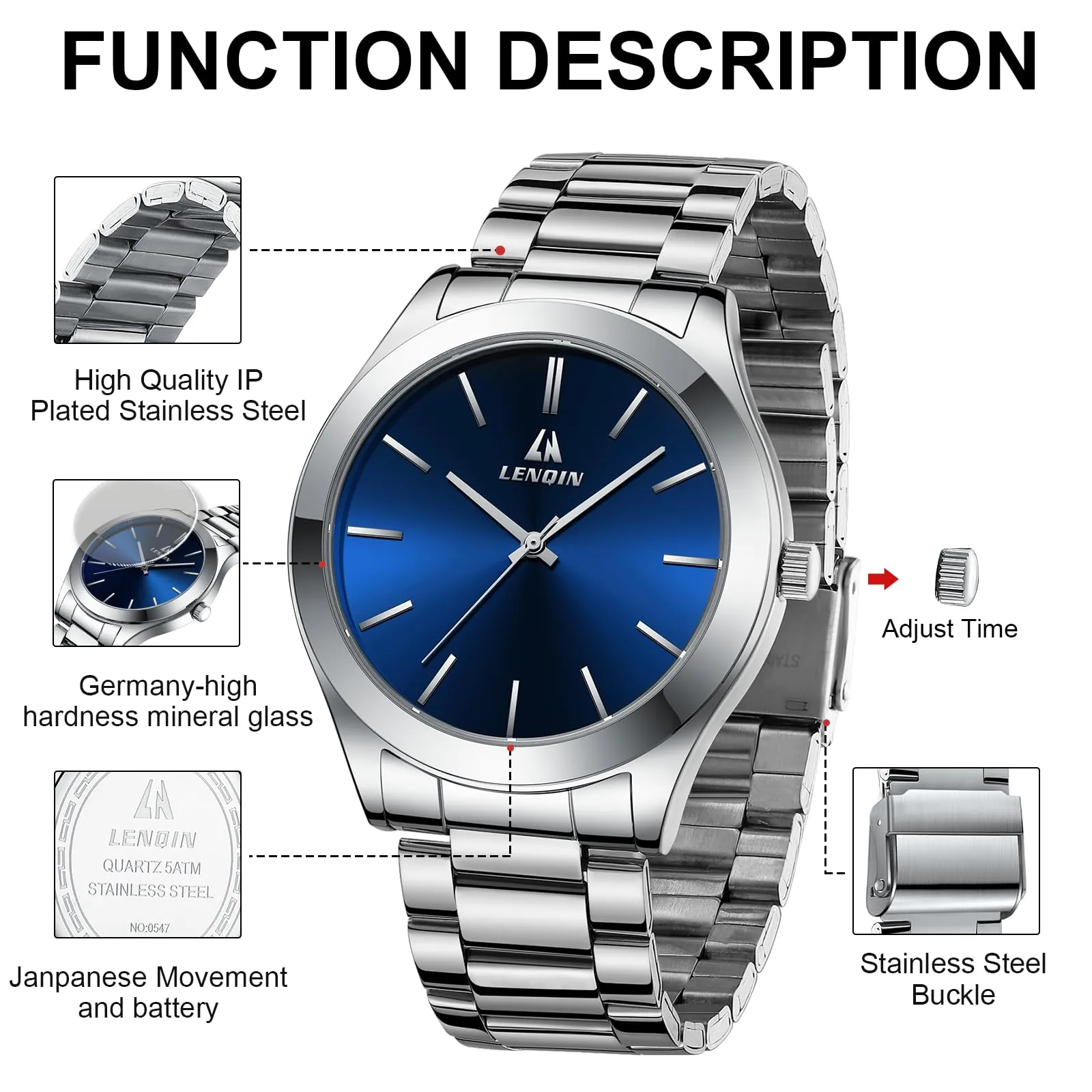 LN LENQIN Orologio Uomo Acciaio Inox Analogico Quarzo Impermeabile Business 0547 Silver Blue - immagine 7