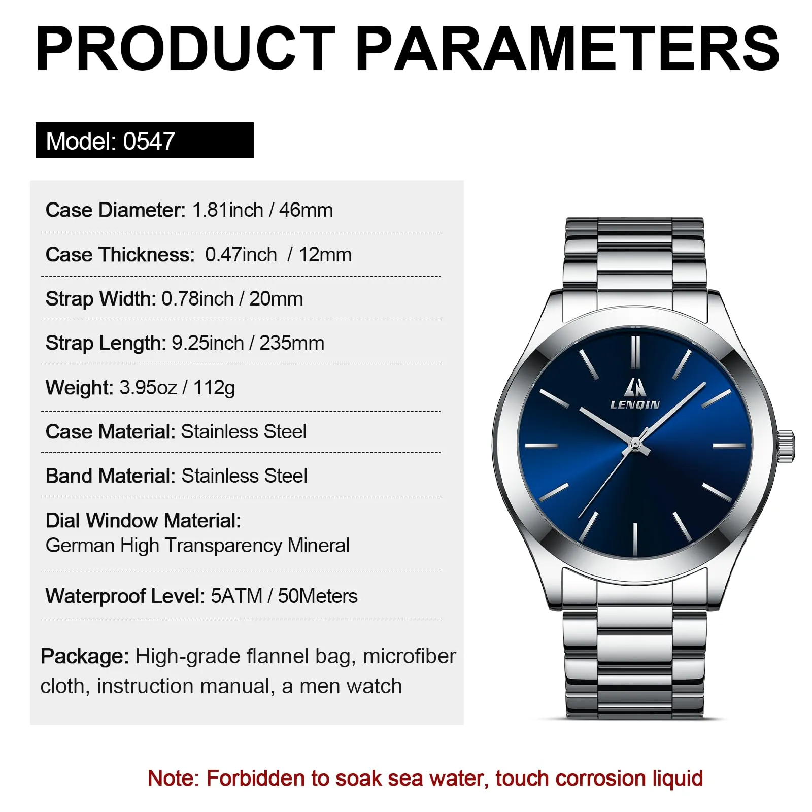 LN LENQIN Orologio Uomo Acciaio Inox Analogico Quarzo Impermeabile Business 0547 Silver Blue - immagine 8