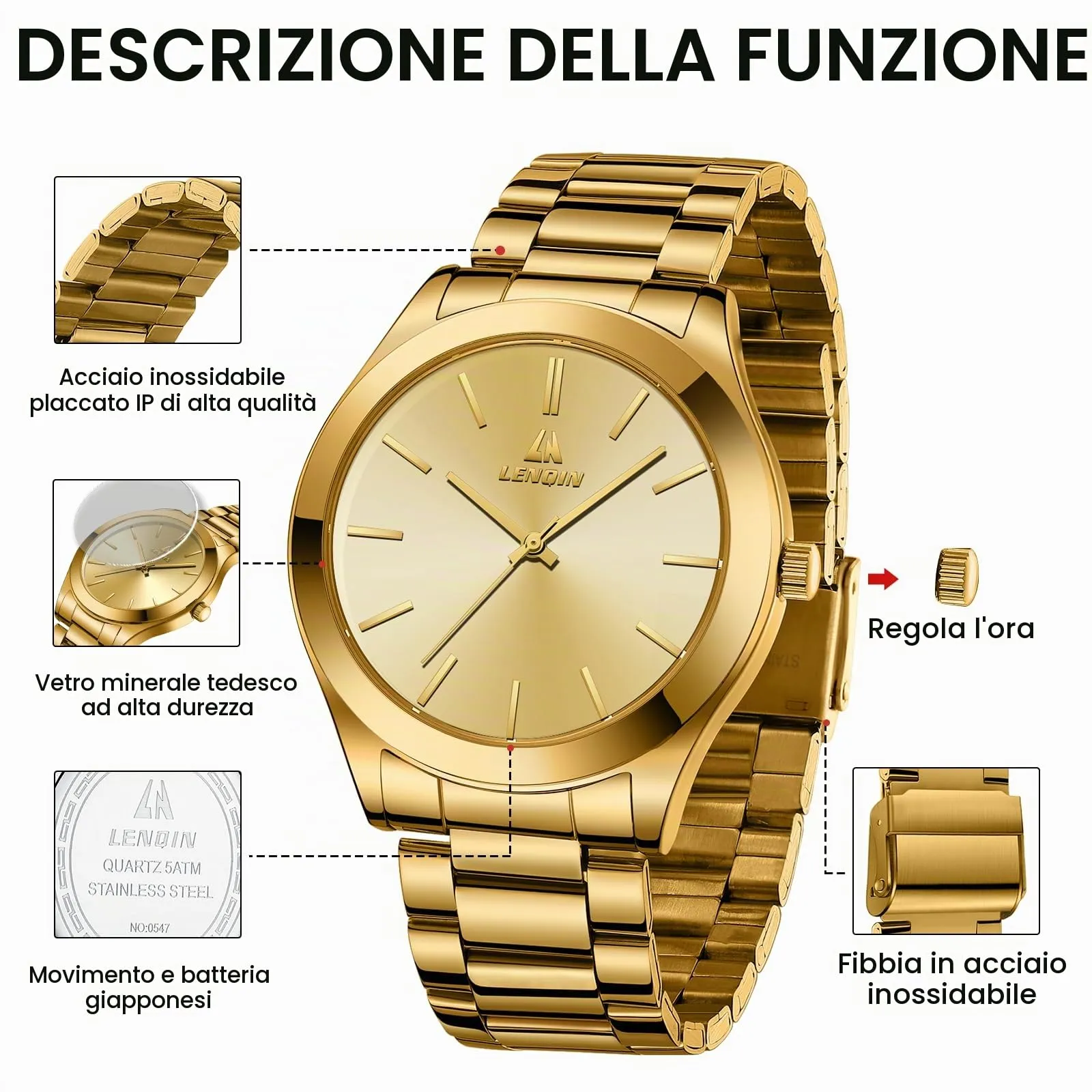 LN LENQIN Orologio Uomo Analogico Quarzo Acciaio Inox Impermeabile 0547-Gold - immagine 7