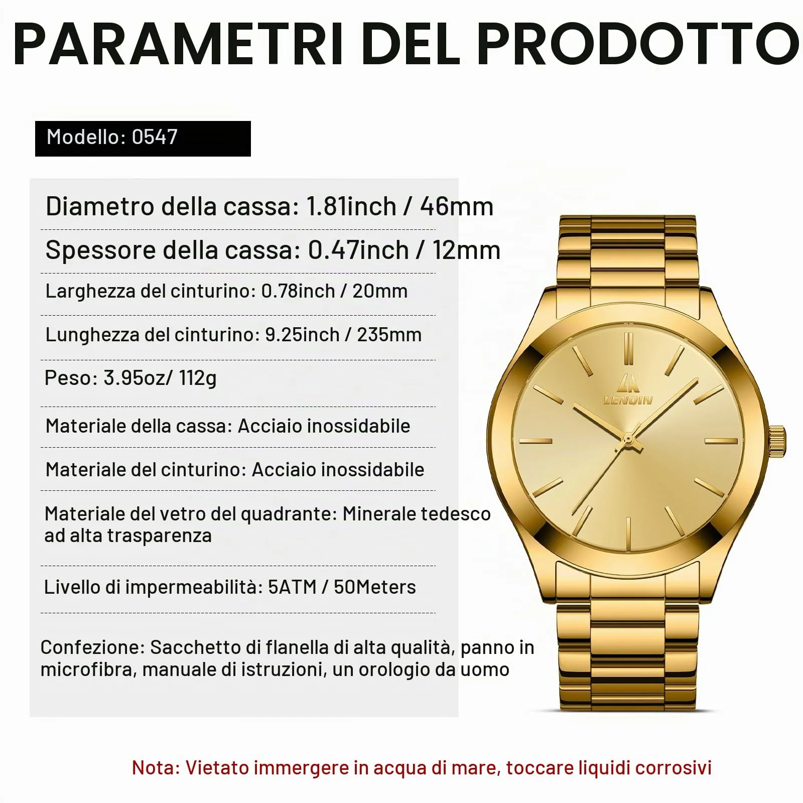 LN LENQIN Orologio Uomo Analogico Quarzo Acciaio Inox Impermeabile 0547-Gold - immagine 8