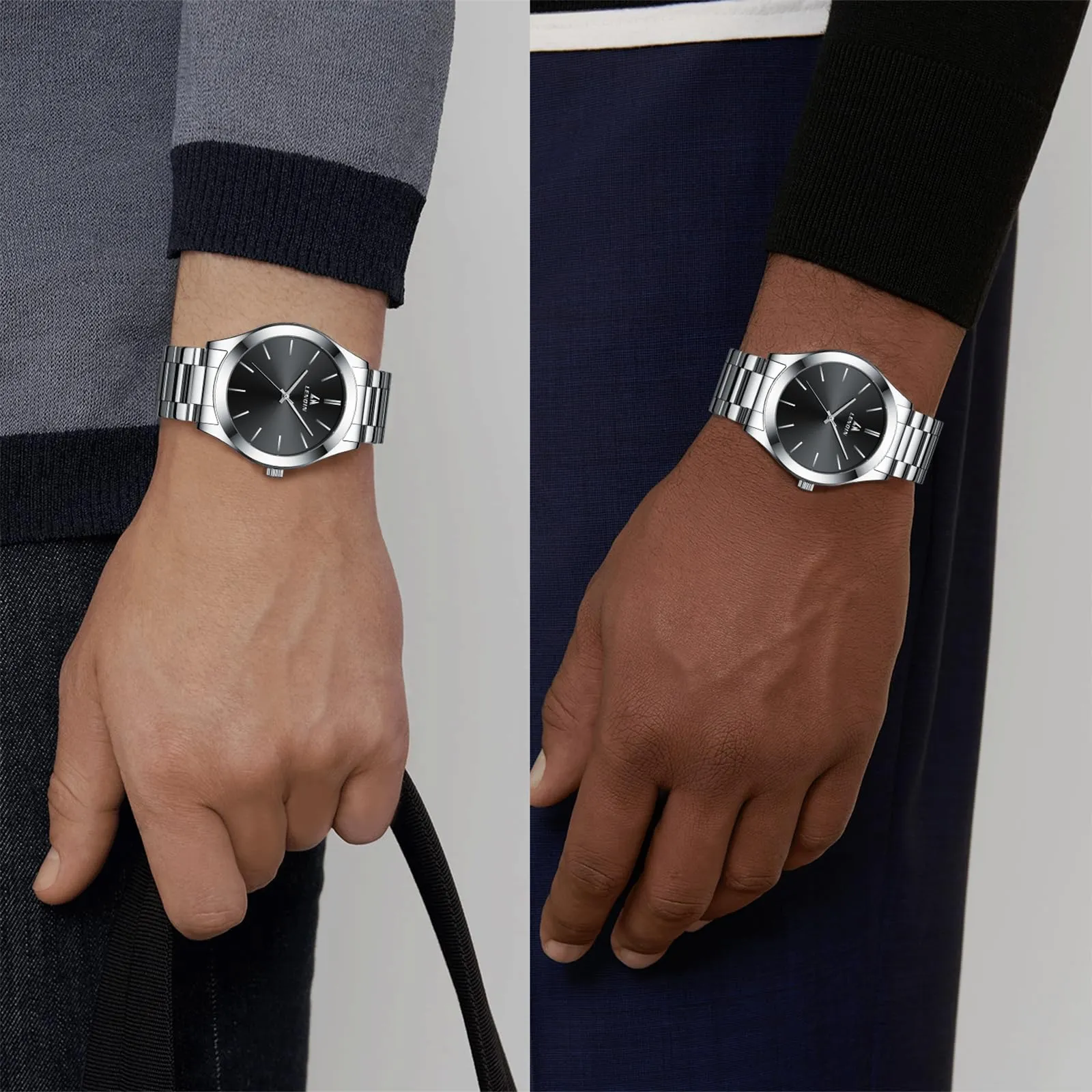 LN LENQIN Orologio Uomo Acciaio Inox Analogico Quarzo Impermeabile 0547 Silver Black - immagine 5
